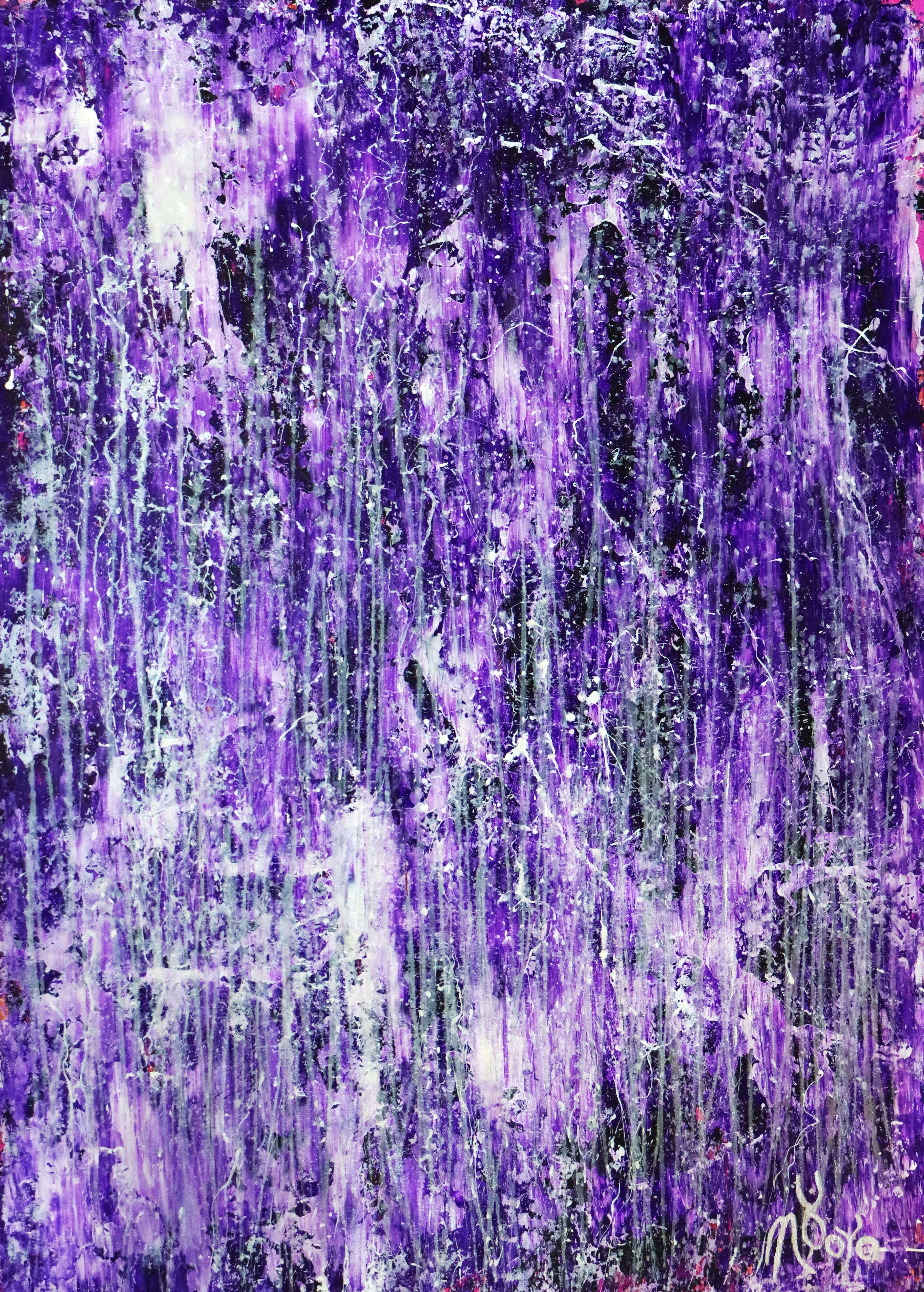 Bright, iridescent lots of light! action painting. Shades of purple, silver and clear mica particles in drizzles creating lots of reflection. This is truly a statement piece! Signed in front in silver ink. Enough edge for 1 Inch.    I include a