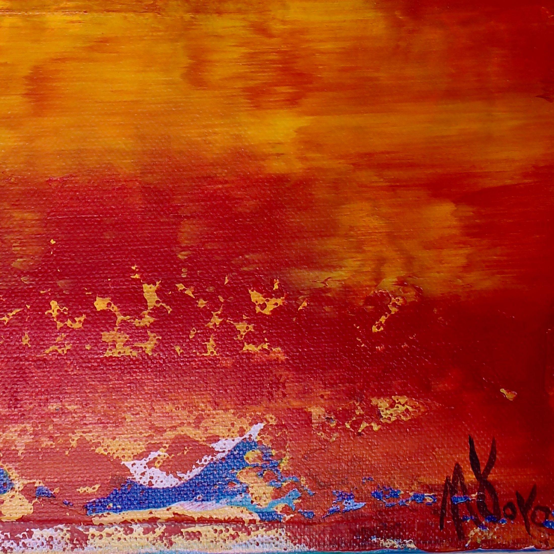 Paesaggio astratto in acrilico, principalmente rosso e arancione. Espressiva pittura di campo a colori contrastanti. Texture e stratificazione con acrilici fluidi e traslucidi e medium iridescenti.    ASTRATTI ORIGINALI DI PREGIO - UNICI NEL LORO