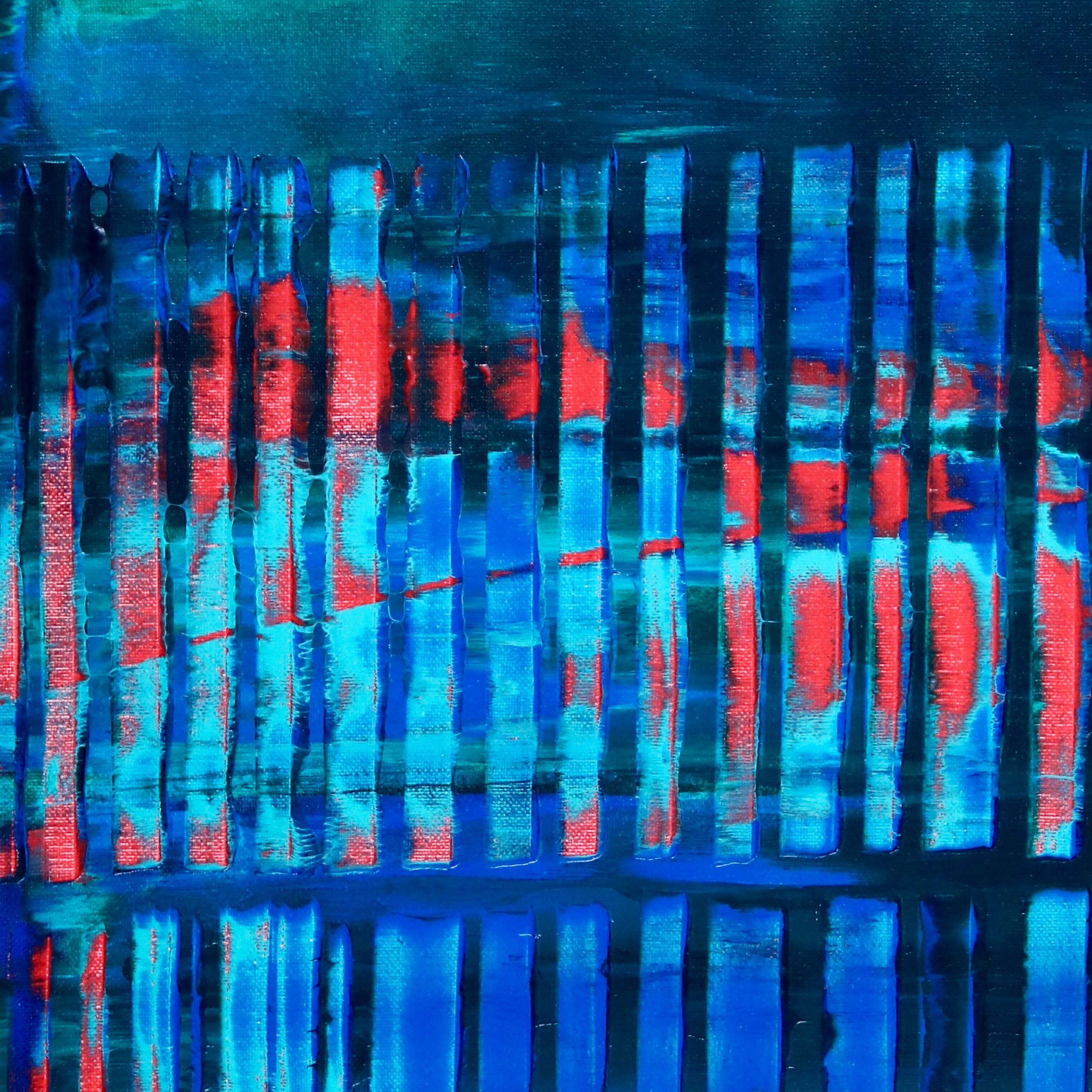 Campo di colori astratto con tonalità audaci e tanta luce. Rosso, blu e verde acqua attenuati dal nero osso. Questo quadro arriva montato in una tela di legno, con i lati dipinti, firmato sul davanti.    Includo un certificato di autenticità che