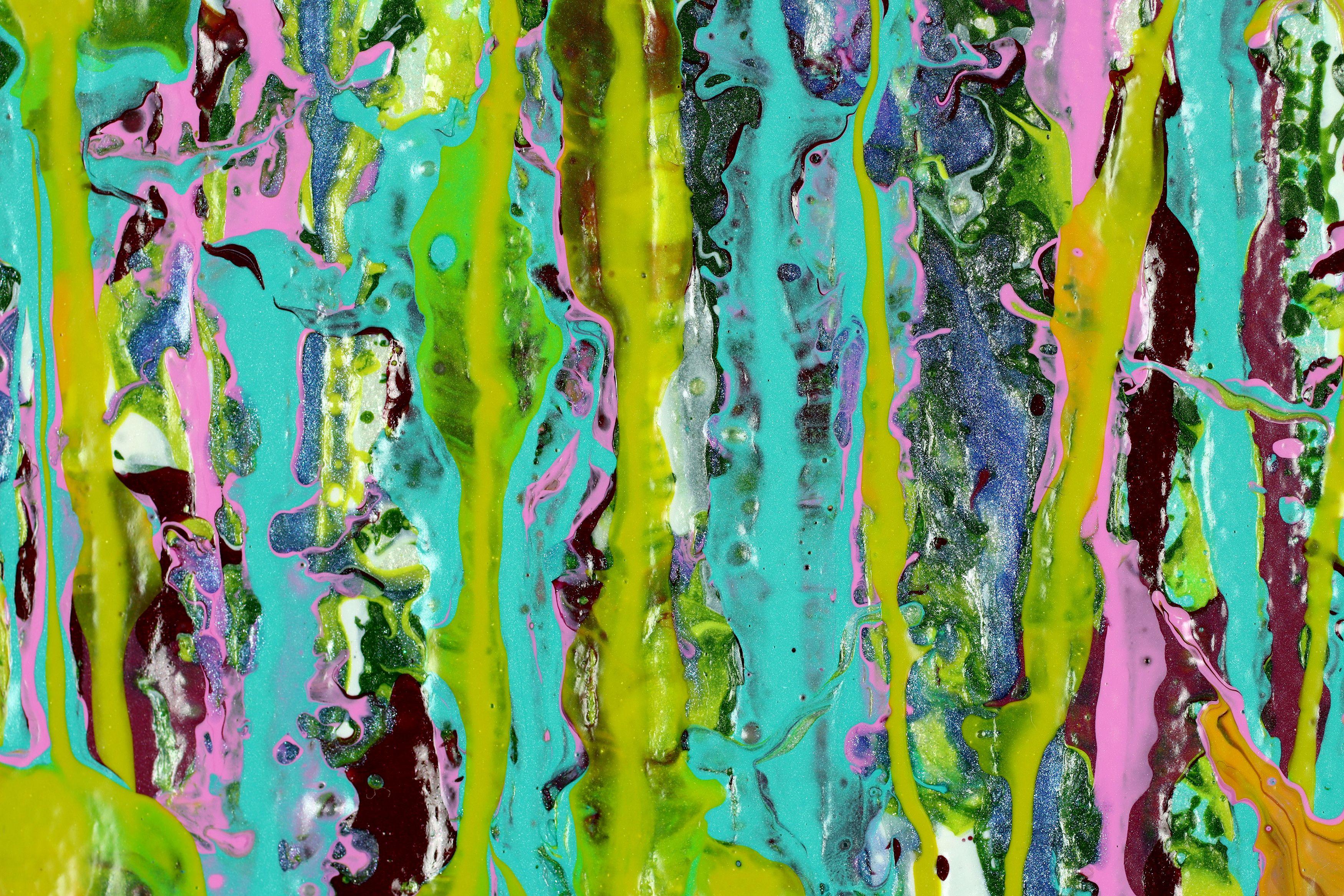Expressive modern abstract, bold full of life, gloss and shimmer! inspired by nature. Shades of iridescent silver, light blue, and shades of pink, yellow green, over Iridescent light teal and silver background. signed in front.    I include a