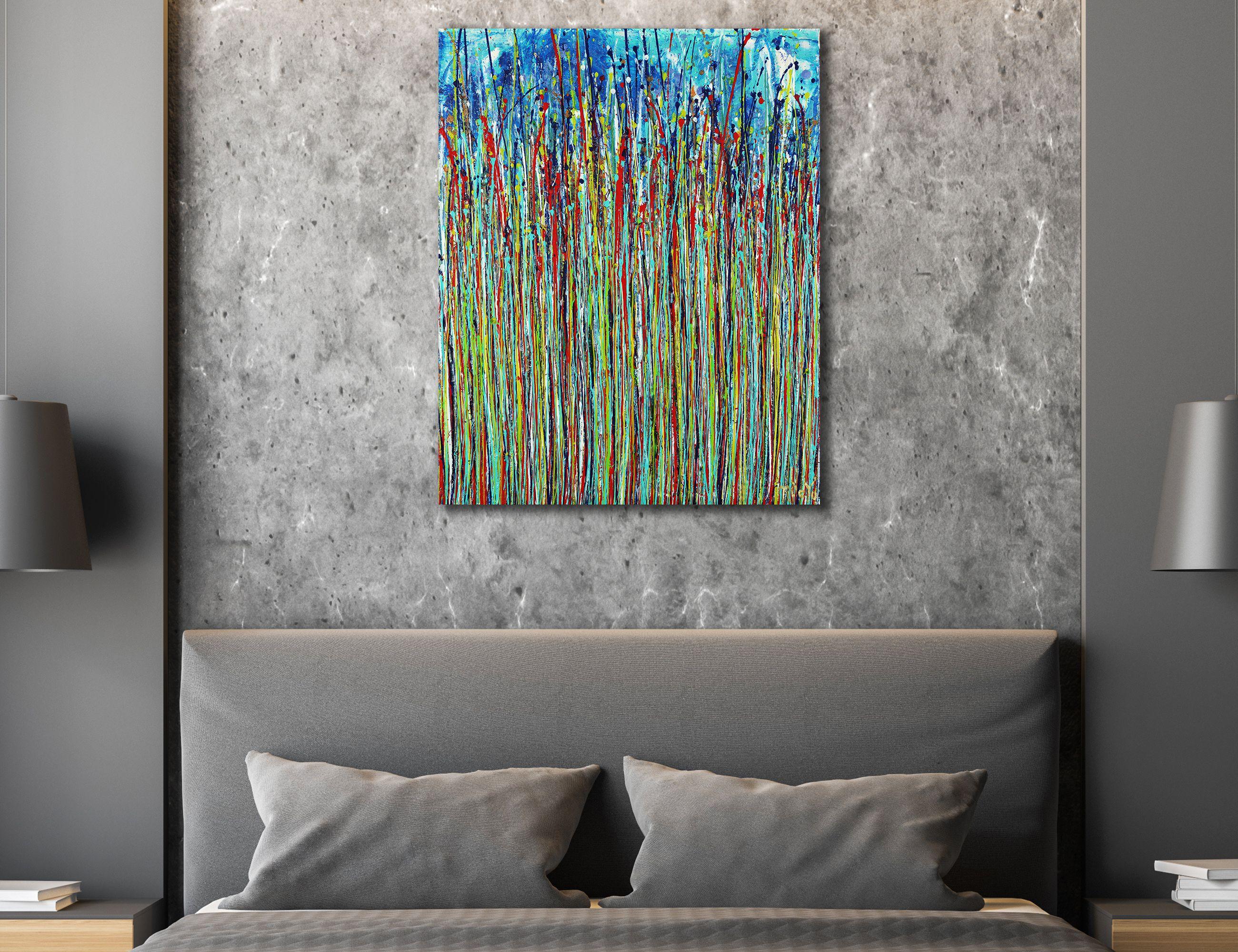 Expressive modern abstract, bold full of life, gloss and shimmer! inspired by nature. Shades of iridescent silver, green, red, gold, white over blue and silver background. signed in front.    I include a certificate of authenticity that lists the