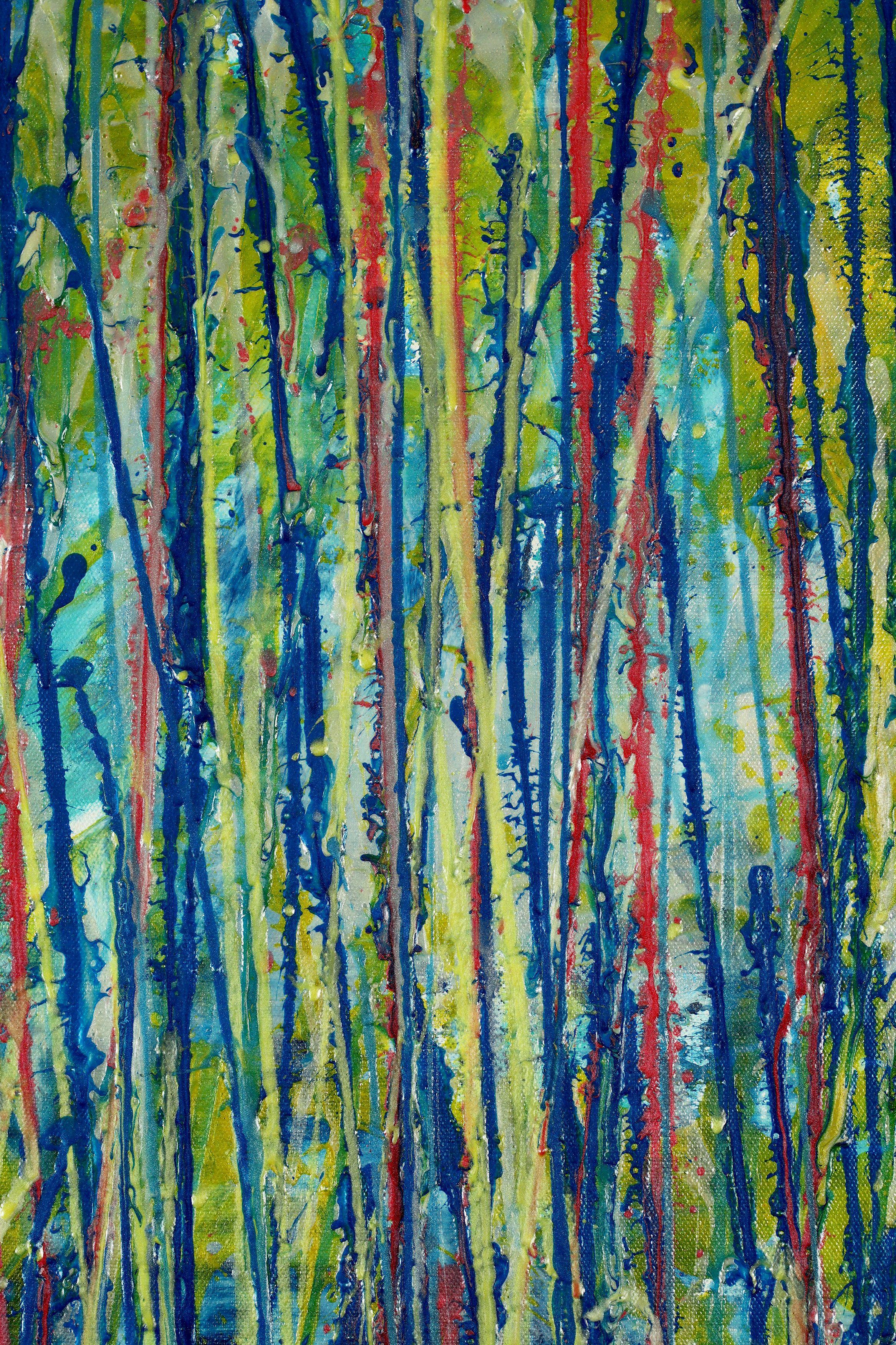 Expressive modern oversized abstract, bold full of life, gloss and shimmer! inspired by nature. Shades of iridescent silver, bright copper, gold, blue, light yellow over blue and yellow background. signed in front.    Unframed dimensions 60 W x 67 H