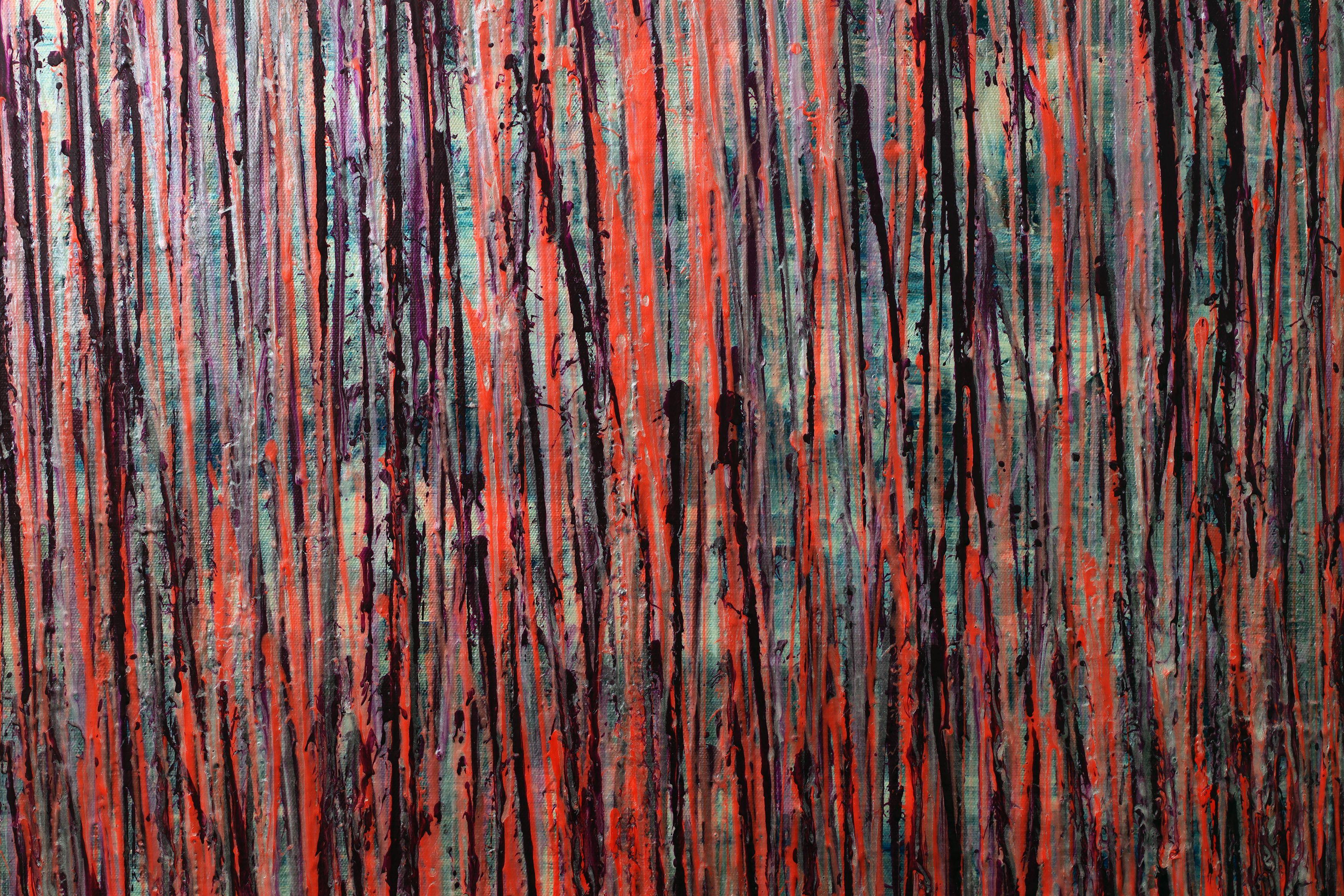 Quadro astratto moderno con molti getti dinamici in colori cangianti, rosso arancio, blu indaco, viola su una texture indaco. Firmato davanti.   Dimensioni senza cornice 32W x 36H     Includo un certificato di autenticità che elenca i materiali e la