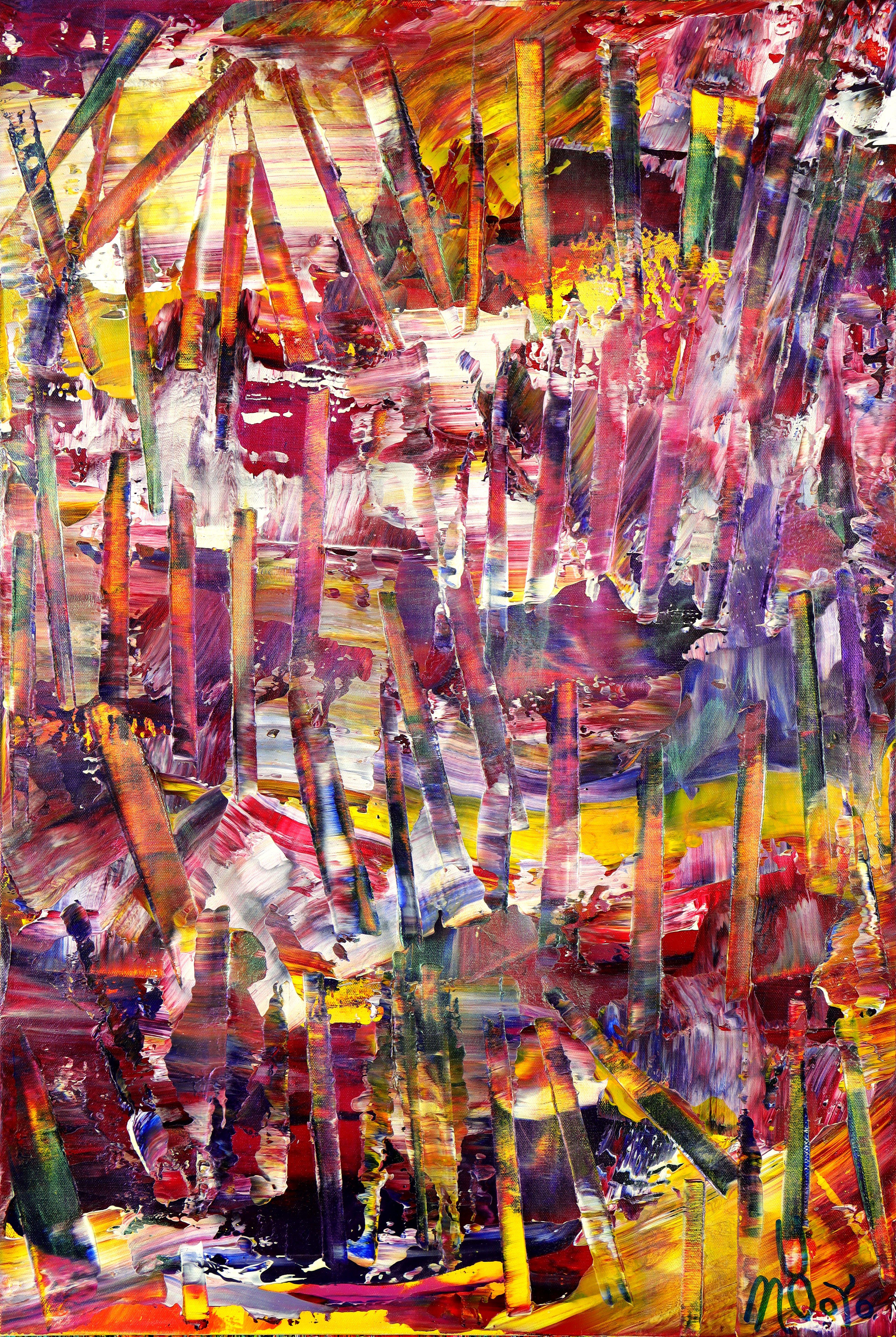 This artwork was created layering and blending thick layers of many colors, completed with iridescent effects in purple, blue and green. Check out the intricate details (see close-ups). This artwork its glossy with fine palette knife details. Signed