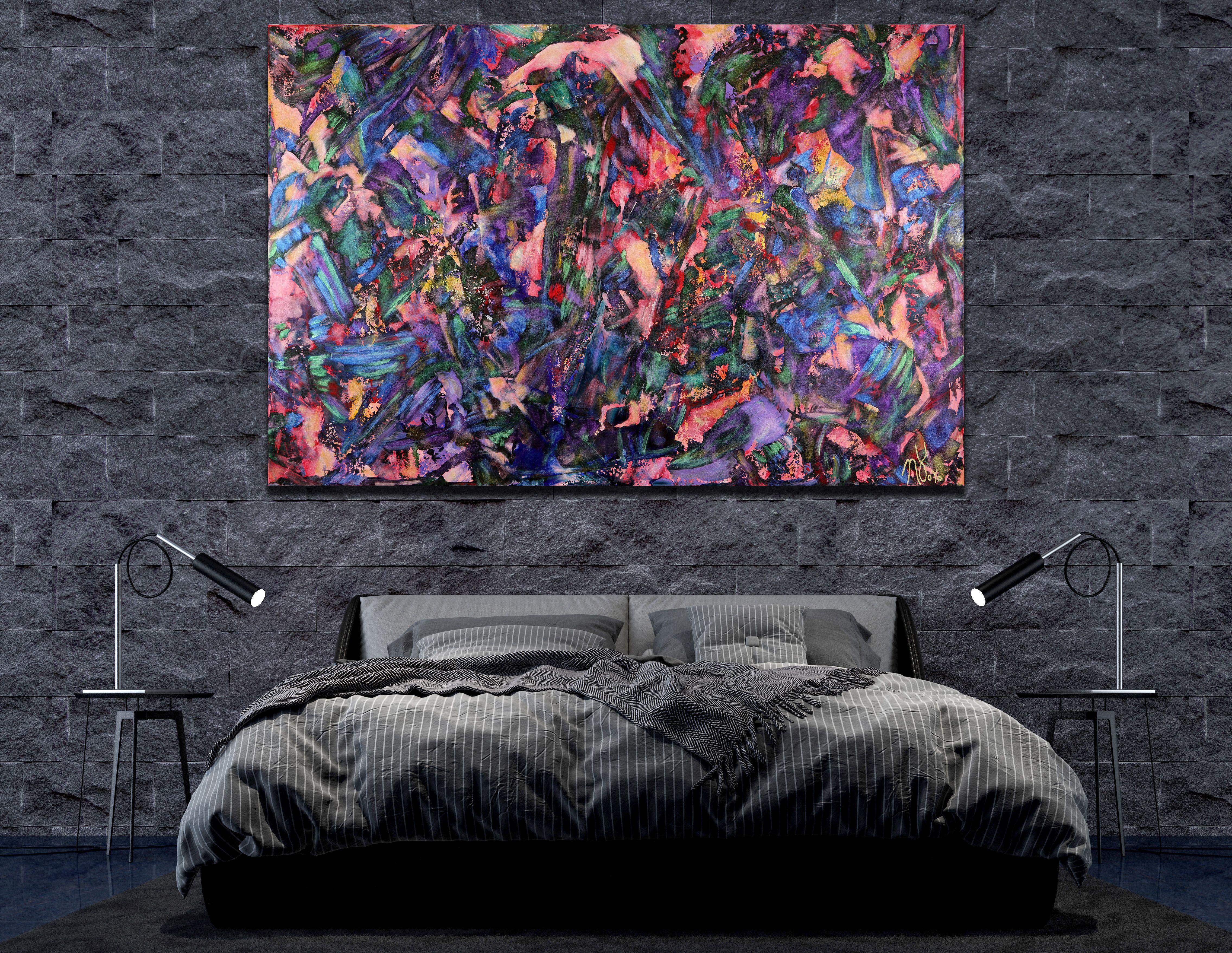 This artwork was created layering and blending thick layers of black and magenta covered with iridescent colors, Including red, purple, blue and yellow completed with iridescent gold effects. The iridescent quality of the paint gives the painting a