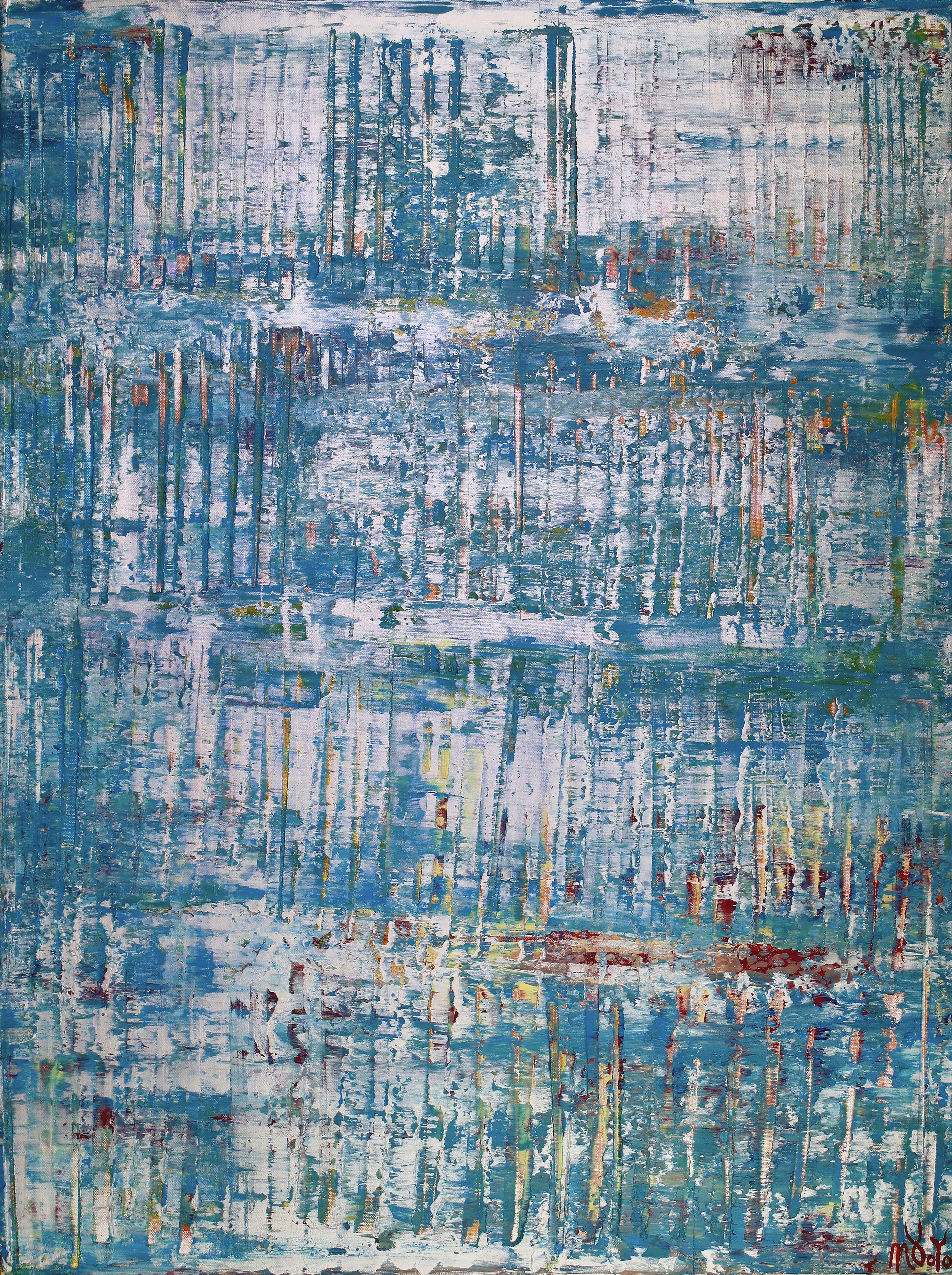 Iridescent pearl white and shades of blue, turquoise, and crimson abstract. This painting is inspired by nature and lakes, arrives mounted in a deep edge wooden frame ready to hang. Signed in front.    I include a certificate of authenticity that