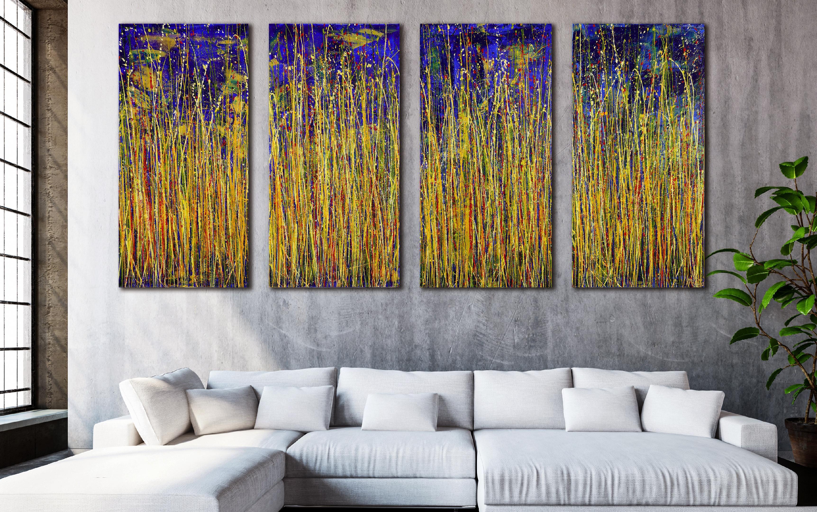 Expressive modern abstract, bold full of life, gloss and shimmer! inspired by nature, many of bright tones combined with mica particles and iridescent drizzles over bright royal blue. Ready to hang and signed on the last canvas. A true statement