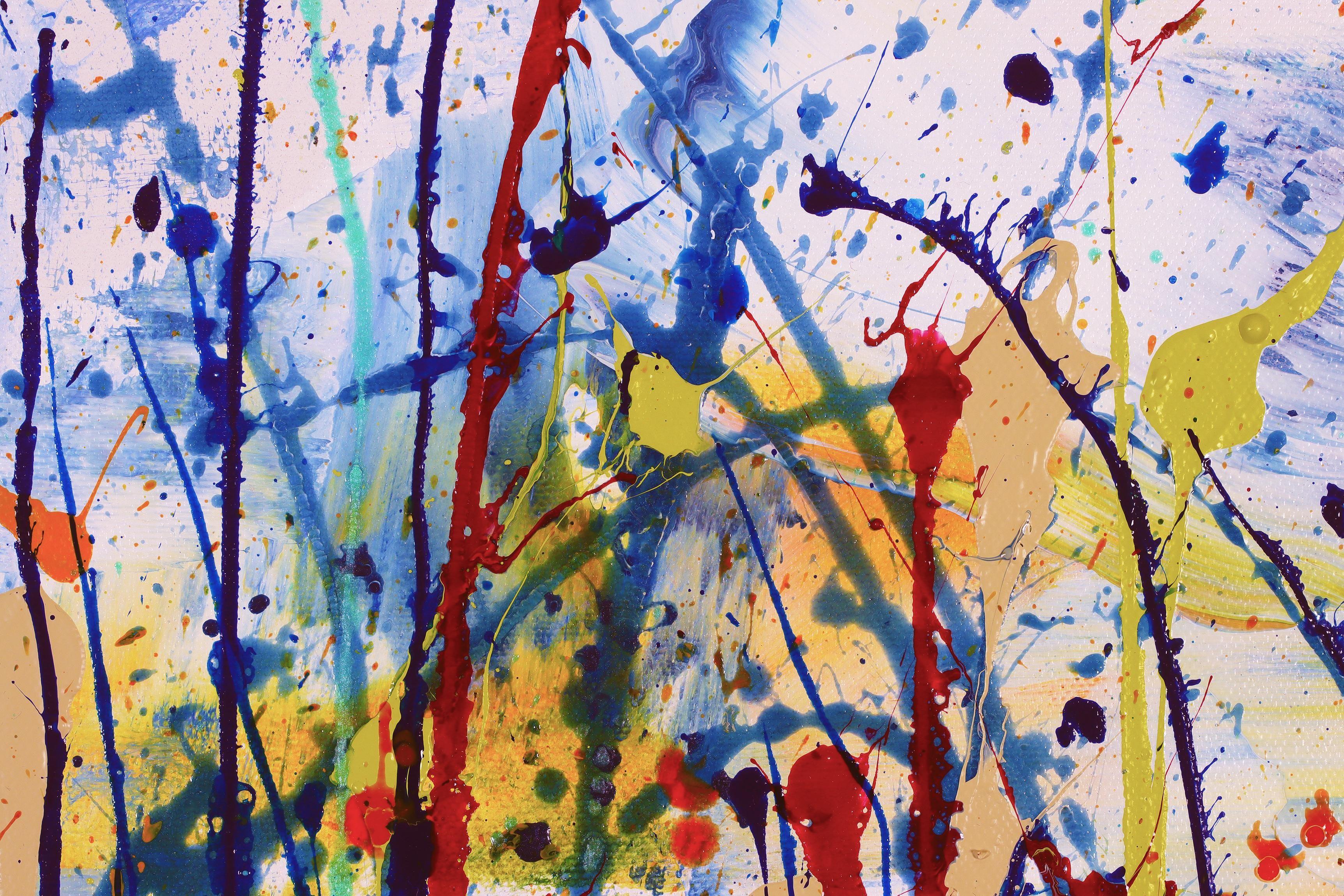 Three canvas 24W x 36H x 0.7 in each.    Expressive modern abstract, bold full of life, gloss and shimmer! inspired by nature, many of bright tones combined with mica particles and iridescent drizzles over bright blue and white. Ready to hang and