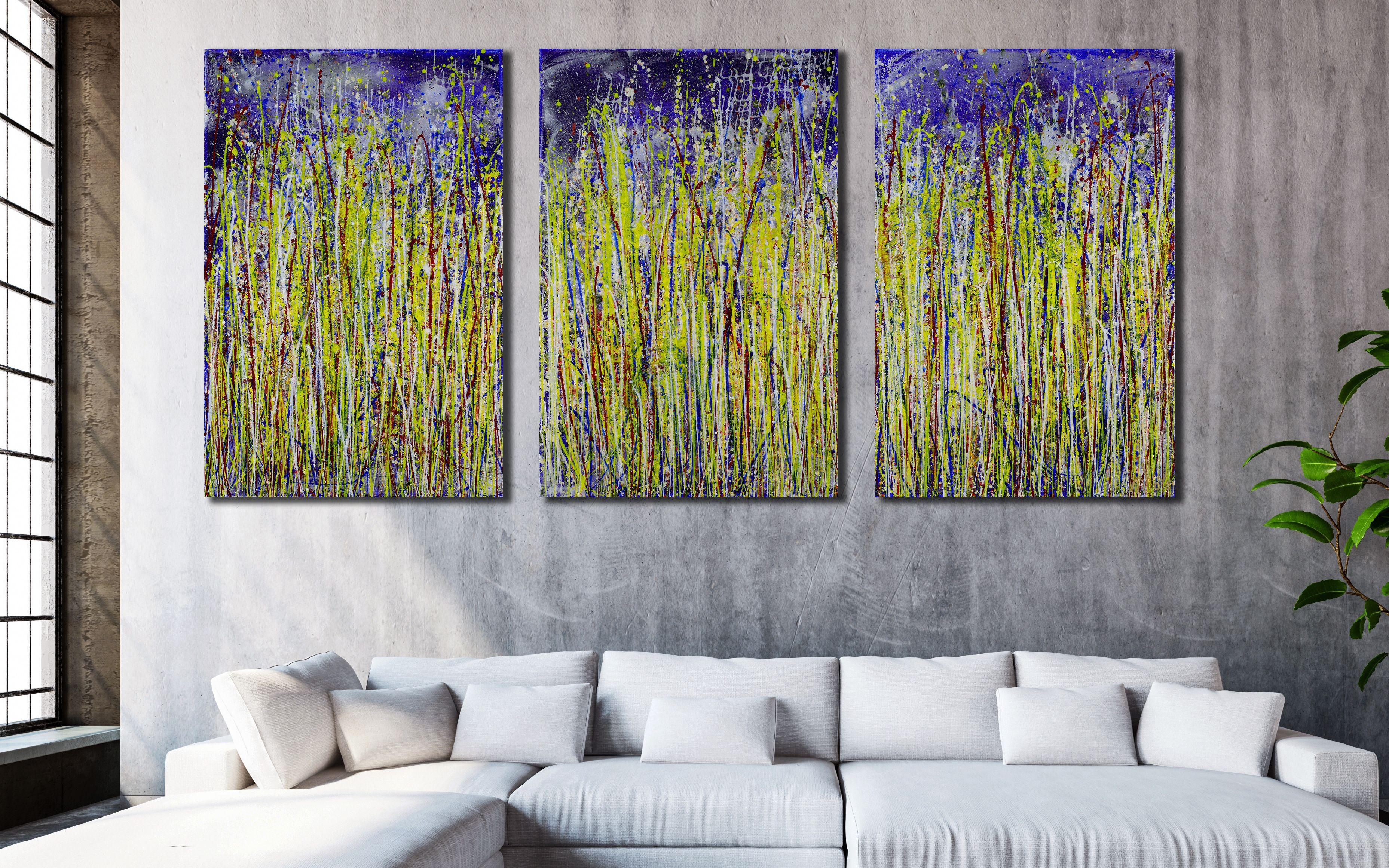 Three canvas 24W x 36H x 0.7 in each.    Expressive modern abstract, bold full of life, gloss and shimmer! inspired by nature, many of bright tones combined with mica particles and iridescent drizzles over bright blue and white. Ready to hang and