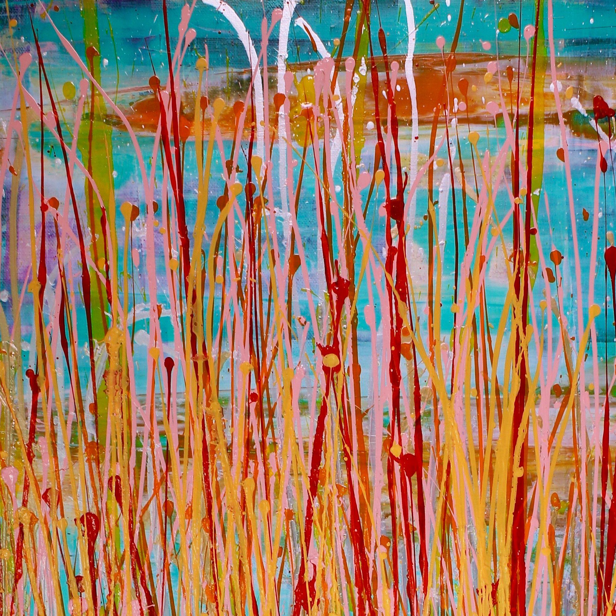 Acrylic paint drips with green, pink, yellow, blue and teal, expressive contrasting color field painting. Textured and layered with fluid translucent acrylics and iridescent mediums.    This original one of a kind abstract painting was created by