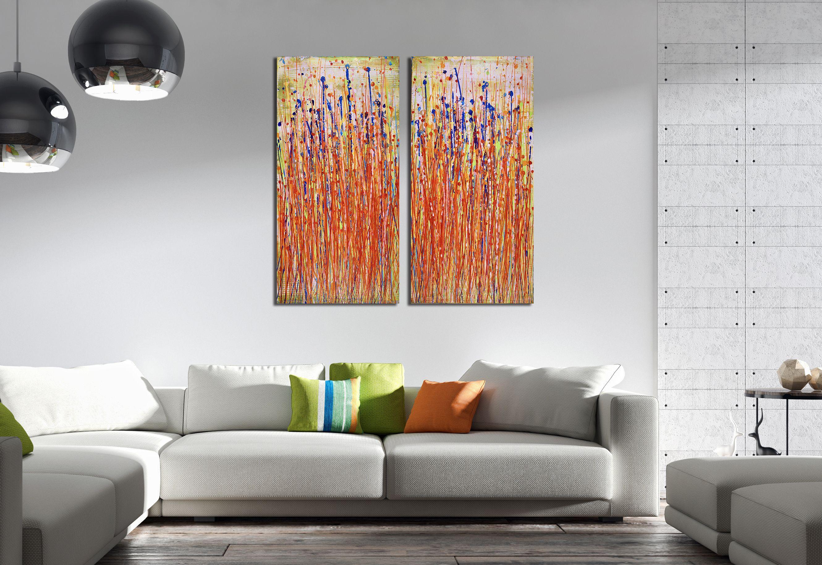 Quadro molto strutturato con uno sfondo verde e vibranti colate rosa, blu, verdi e gialle a contrasto. Per quest'opera ho utilizzato principalmente spatole e sgocciolamenti di vernice in grassetto, più e più volte.    Quest'opera è un trittico