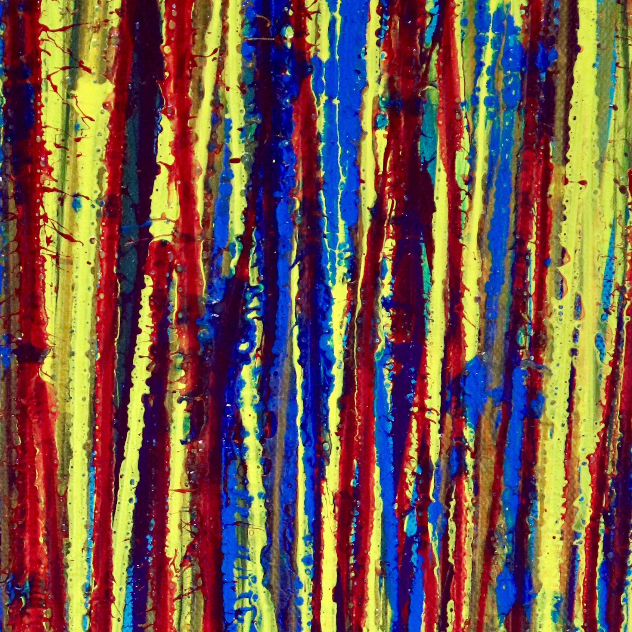 Ready to hang  Acrylic on deep edge canvas    Bold abstract with bold darker colors palette. Combination of vibrant colors, red, gold yellow, iron oxide particles, bright blue and navy blue, over dark blue. This artwork was created at the Saatchiart