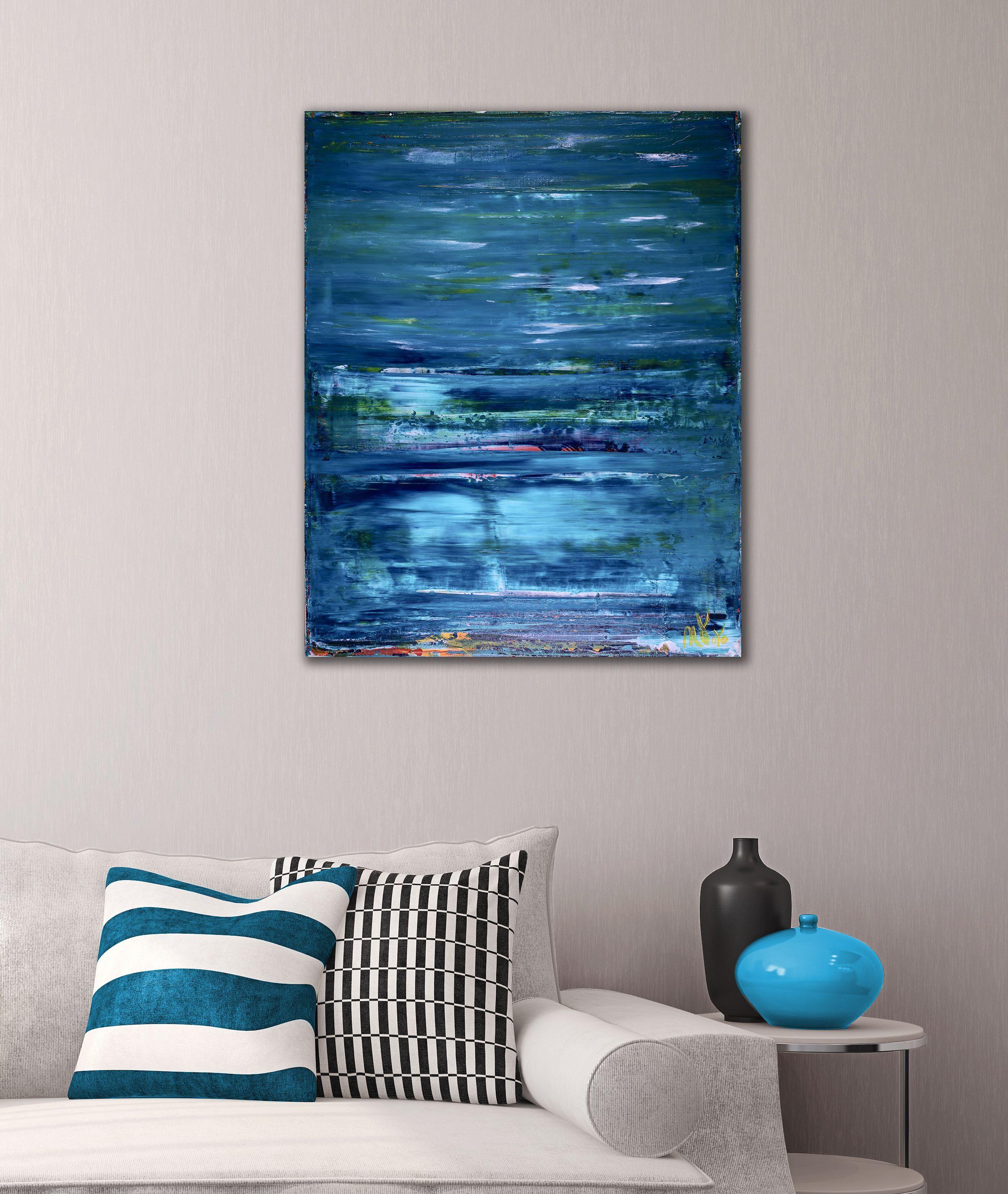 Un audace dipinto blu scuro pieno di profondità e contemplazione. Tela con triplo fondo e strati di pittura completati da uno smalto lucido protettivo contro i raggi UV. Acrilici Golden e Sennelier di alta qualità. Firmato.    ASTRATTI ORIGINALI DI