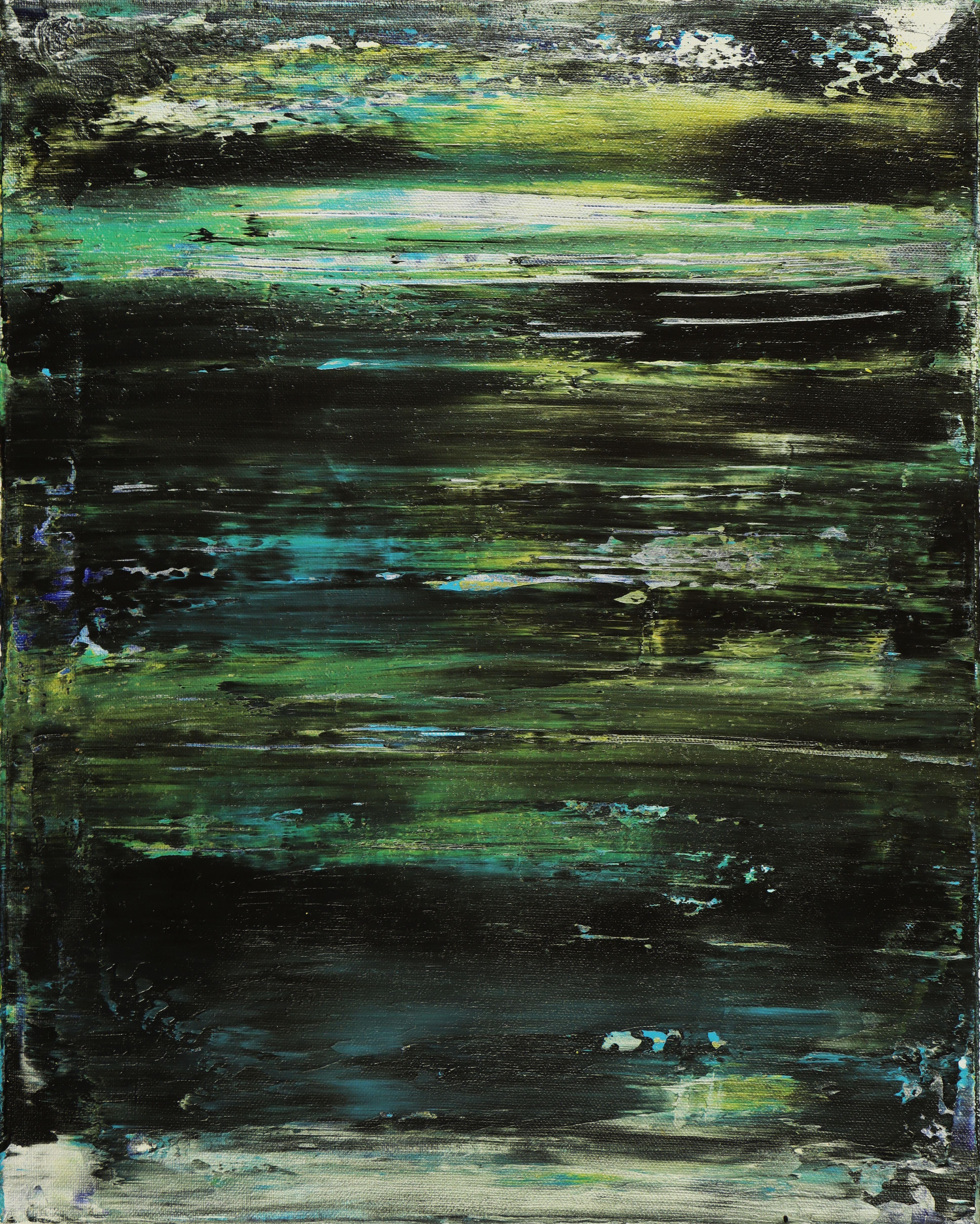 Pittura: Acrilico su tela.    Tre tele di 16 L x 20 H x 0,7 pollici ciascuna.    Espressivo astratto moderno e contemporaneo, minimalista, dorato, lucido e scintillante! Ispirato alla natura, con sfumature di blu, verde e oro combinate con