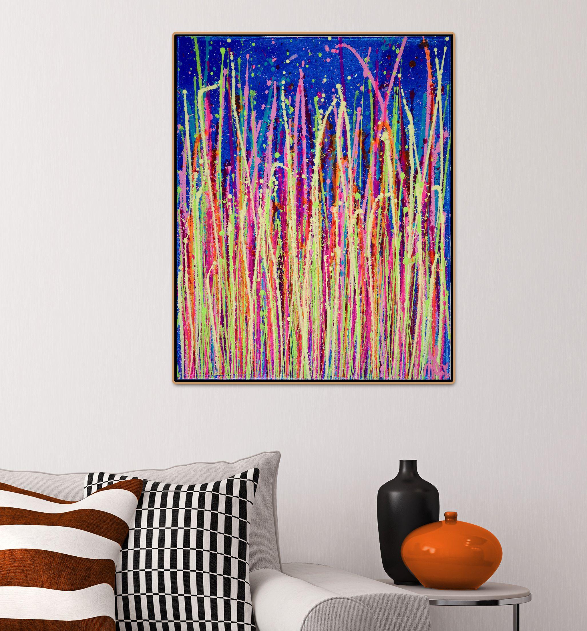 Bright colors! over deep blue. Pink, neon pink, yellow gold, green and bright orange. This painting arrives ready to hang and signed in front.    I include a certificate of authenticity that lists the materials as well as when the painting was