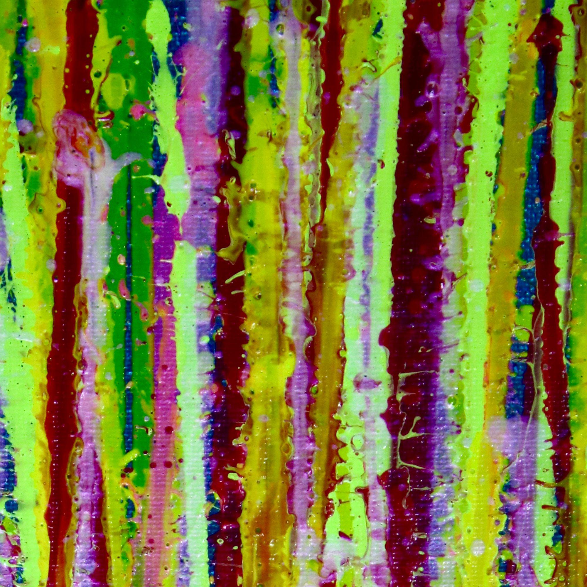 Bright colors! over deep blue. Pink, neon pink, clear yellow, green and iridescent mediums. This painting arrives ready to hang and signed in front.    I include a certificate of authenticity that lists the materials as well as when the painting was