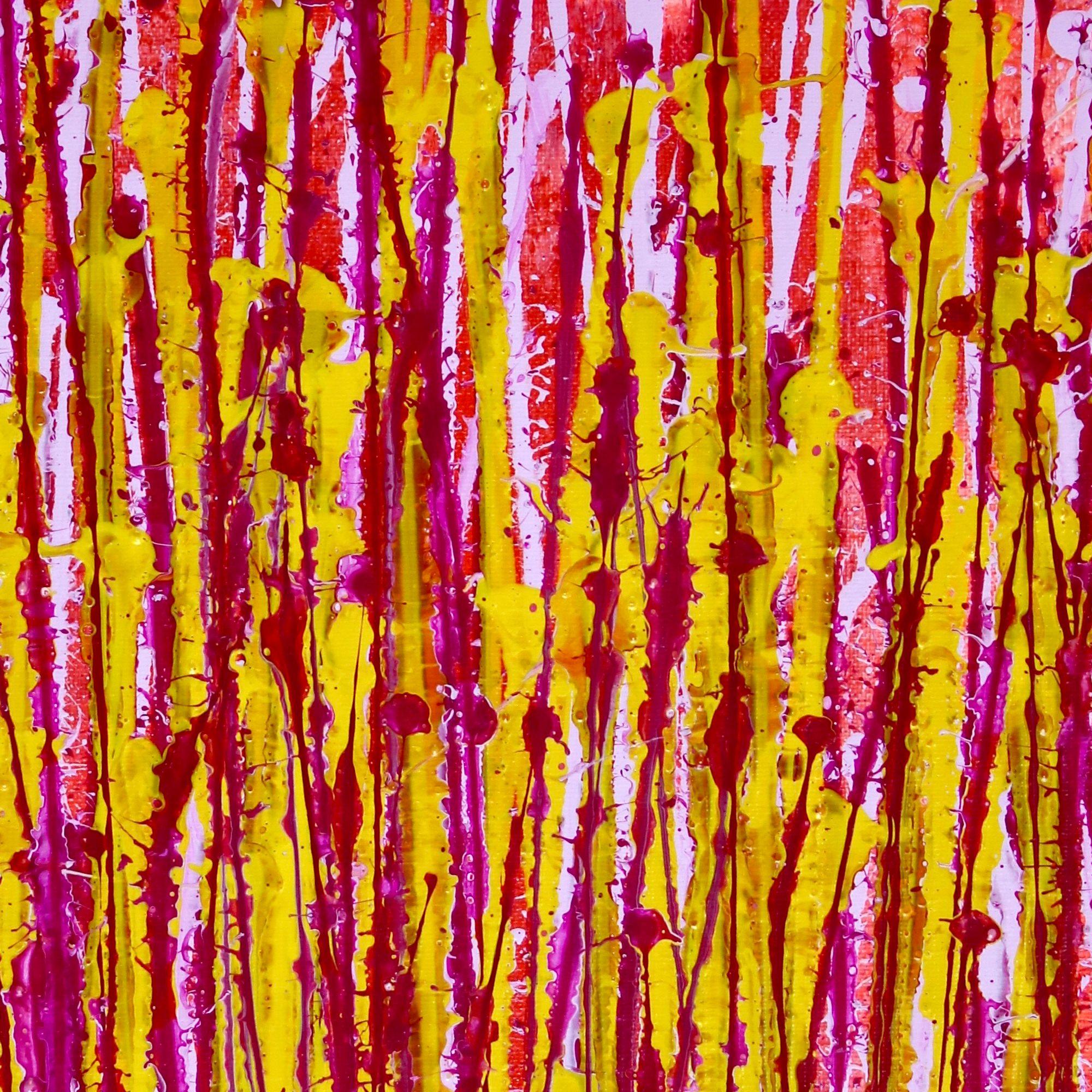 Bright colors! over deep red. Pink, red, yellow, magenta all with metallic iridescence. This painting arrives ready to hang and signed in front.    I include a certificate of authenticity that lists the materials as well as when the painting was