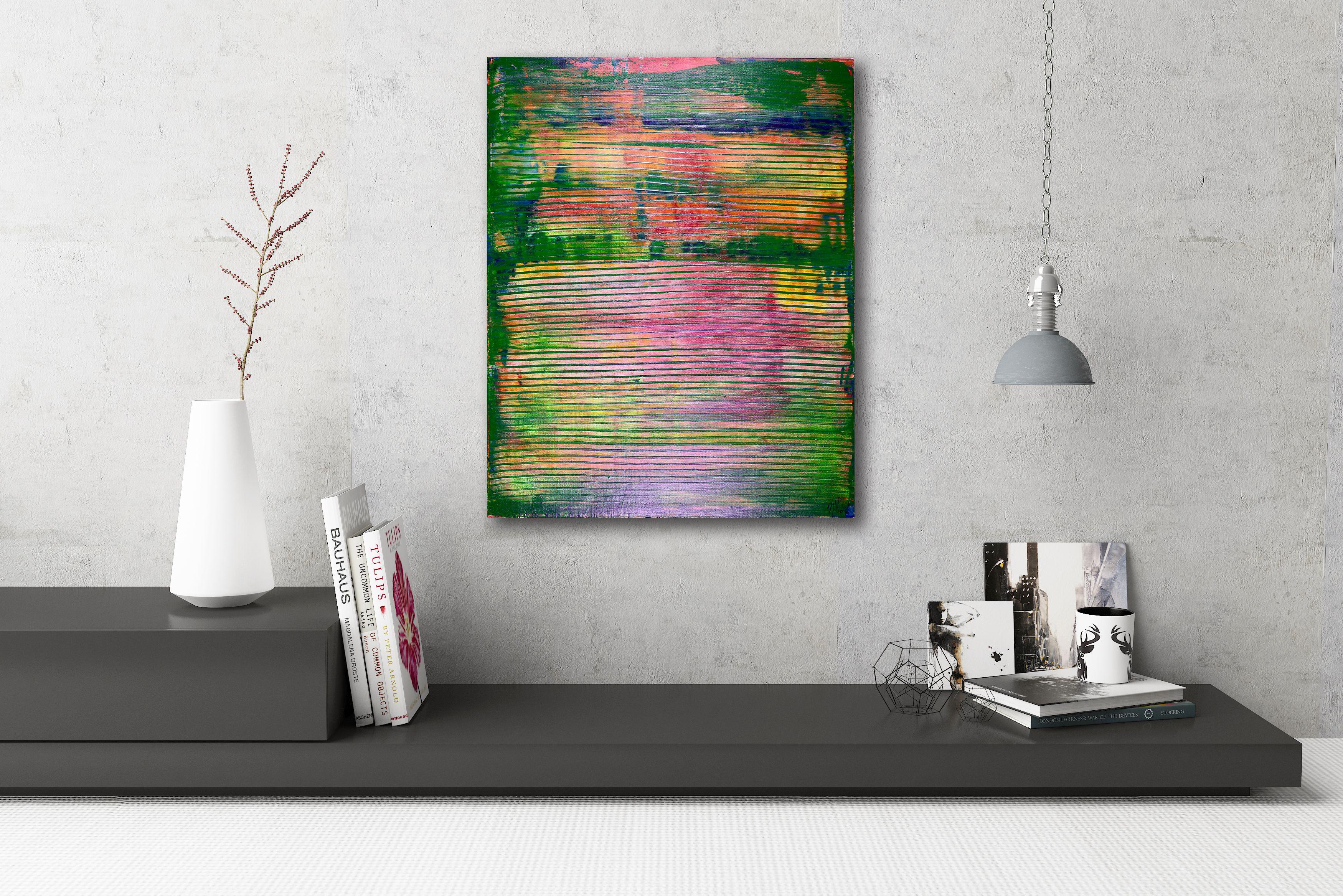 ¡Entra de lleno en la PRIMAVERA con este cuadro verde y morado!     Hermosa pintura colorfield muy estratificada y con textura. Colores atrevidos, amarillo, naranja, verde y morado, con acrílicos y médiums iridiscentes para que todos los pequeños