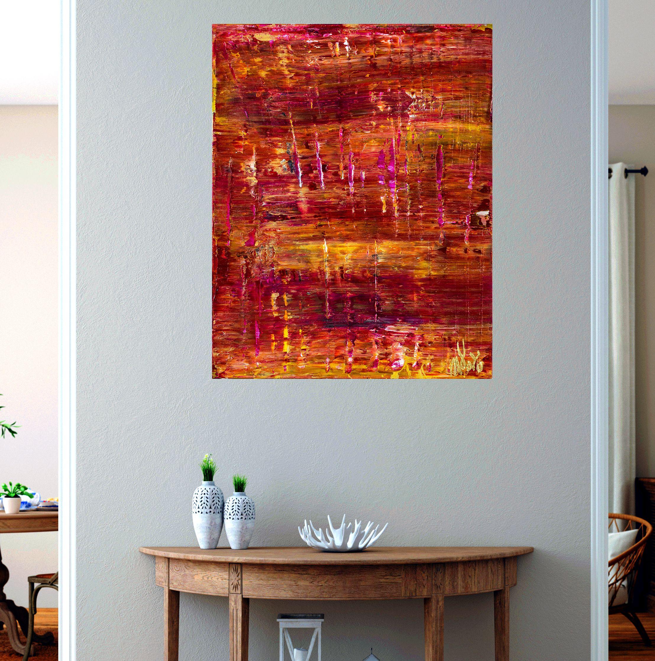 abstract minimalist painting  acrylic on canvas    This artwork was created layering and blending layers of red, orange,pink, yellow with the idea of bringing the most depth and harmony to the forefront.    For this work I used a large palette knife