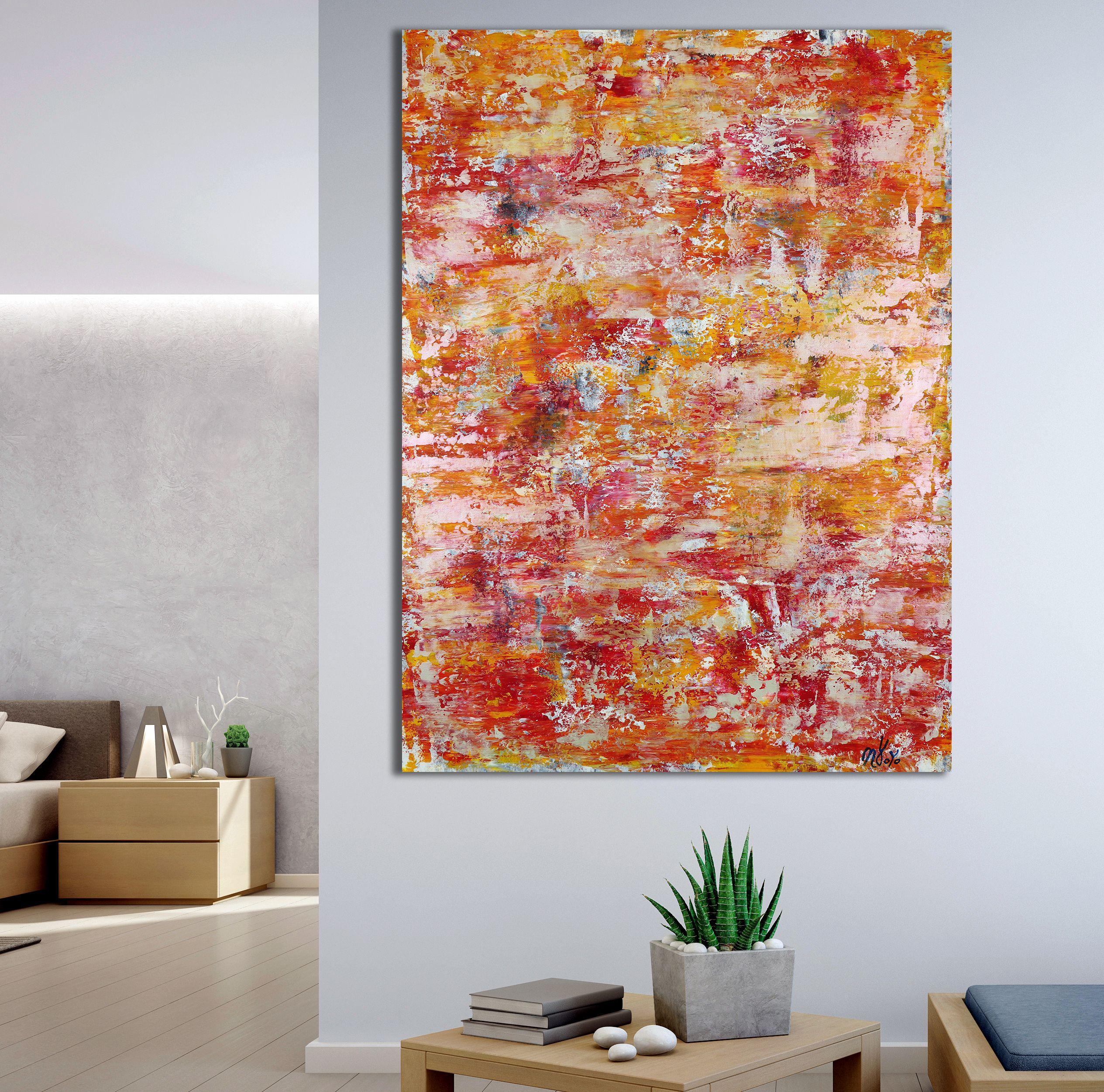 abstract minimalist painting  acrylic on canvas    This artwork was created layering and blending thin layers of orange, Burnt sienna, yellow, a little blue, white and iridescent orange.    Unframed dimensions 42 W x 56 H    For this work I used a