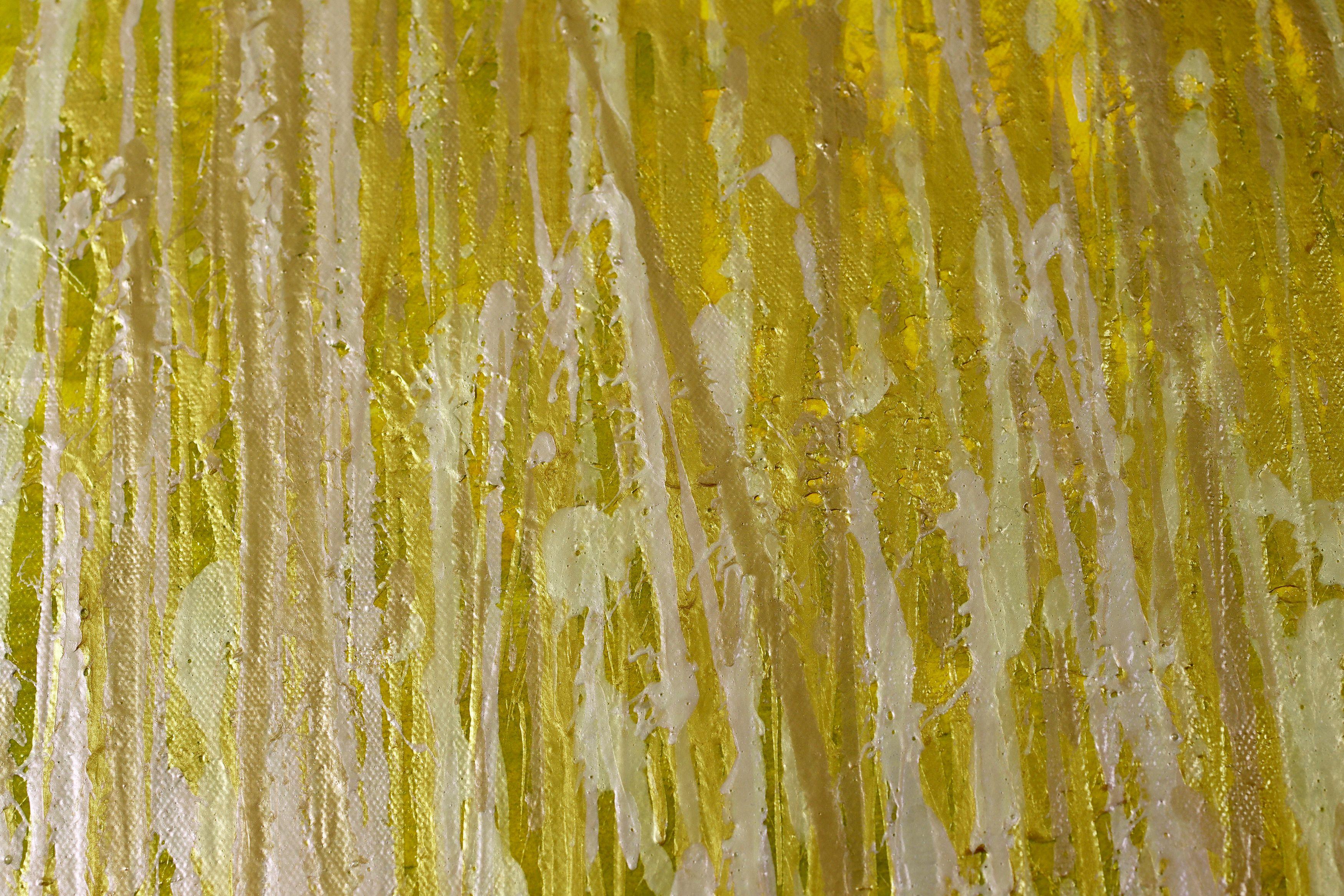 pittura astratta  acrilico su tela  Pezzo forte oversize    Quest'opera d'arte è stata creata stratificando e mescolando strati di giallo, giallo brillante, oro con uno strato di sottili particelle iridescenti, con bagliori e gocce d'oro e vernice