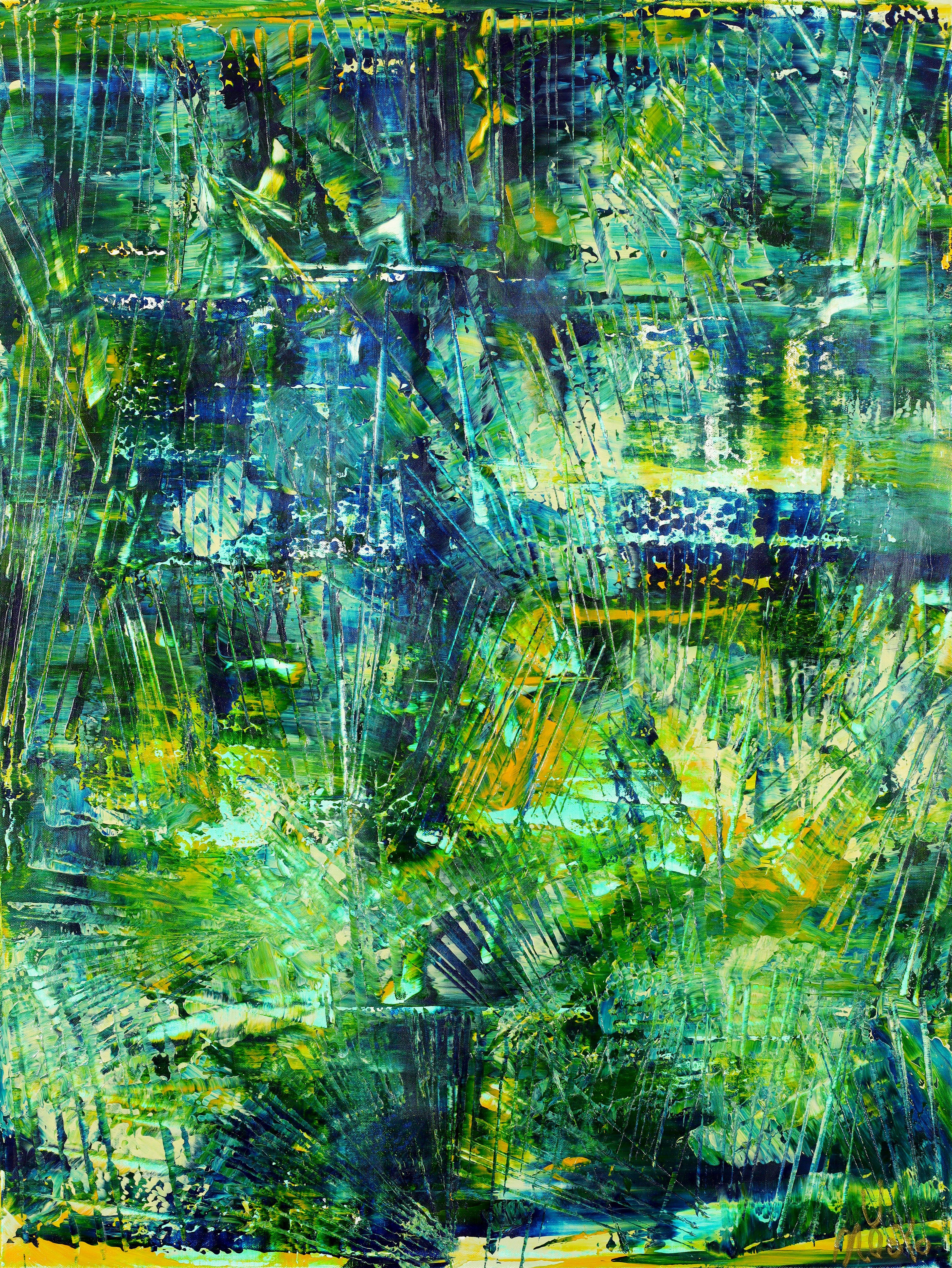 Inspired by nature landscape painting with green, blue and yellow color blending, contrast and details. Textured with a final layer of iridescent blue for extra sparkle.    Inspired by colors of nature with subtle greens and intricate details (see
