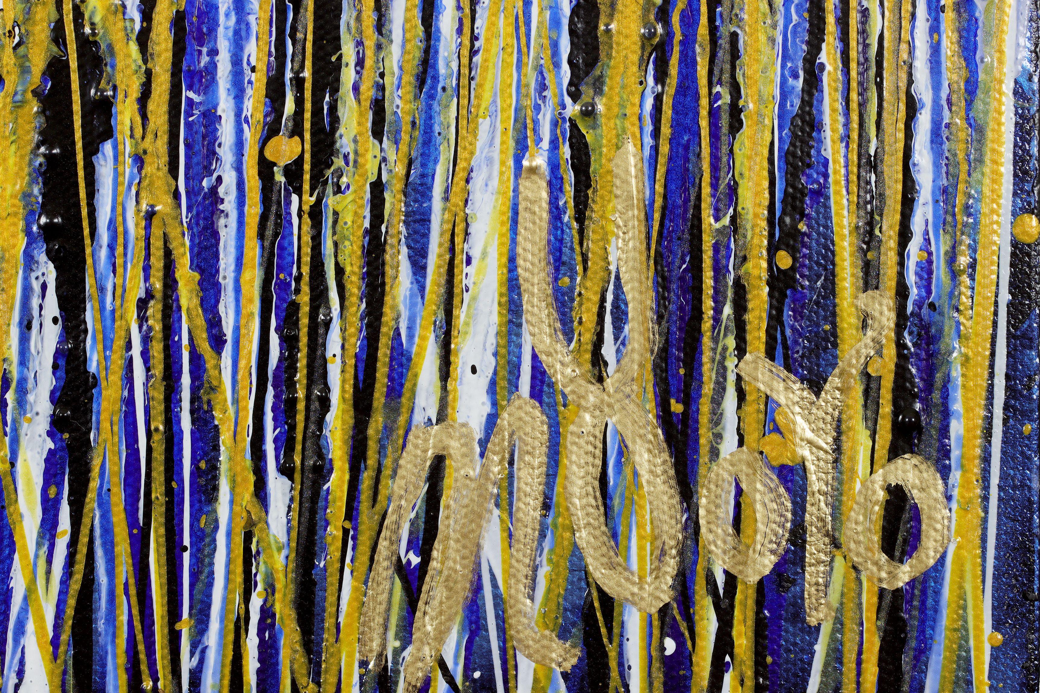 Moderna opera d'arte astratta iridescente con numerosi goccioloni e gocce dinamiche in colori iridescenti, blu, nero e blu profondo iridescente sullo sfondo. Firmato davanti.    Pronto per essere appeso.    Includo un certificato di autenticità che