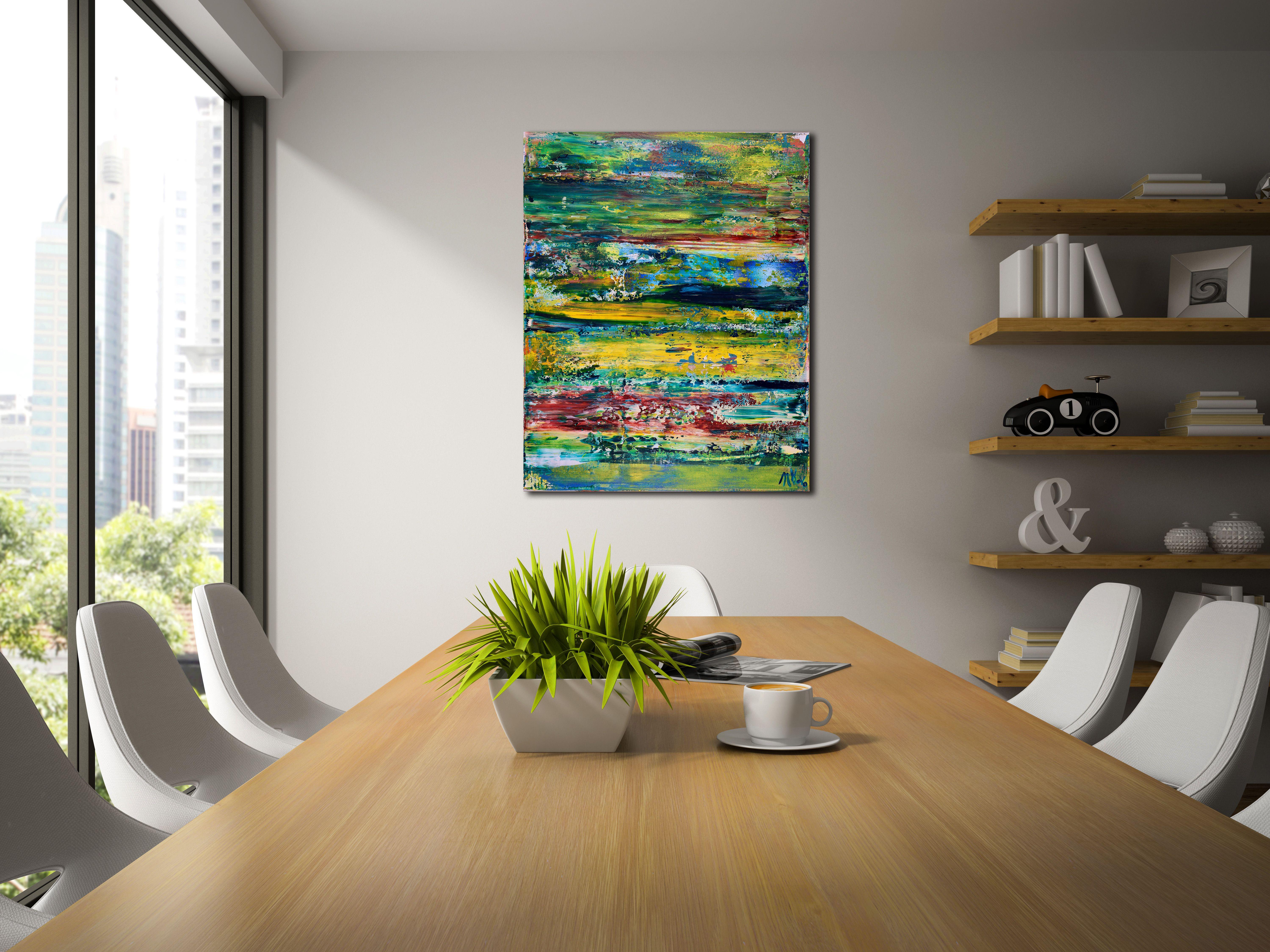 Preciosa pintura acrílica de campo de color con capas y textura. Atrevidos tonos verdes, amarillos, oliva, naranja, azules y amarillo oscuro. ¡Muchas capas espontáneas e inspiradas en los trópicos, la oscuridad y la belleza!     Este cuadro llega