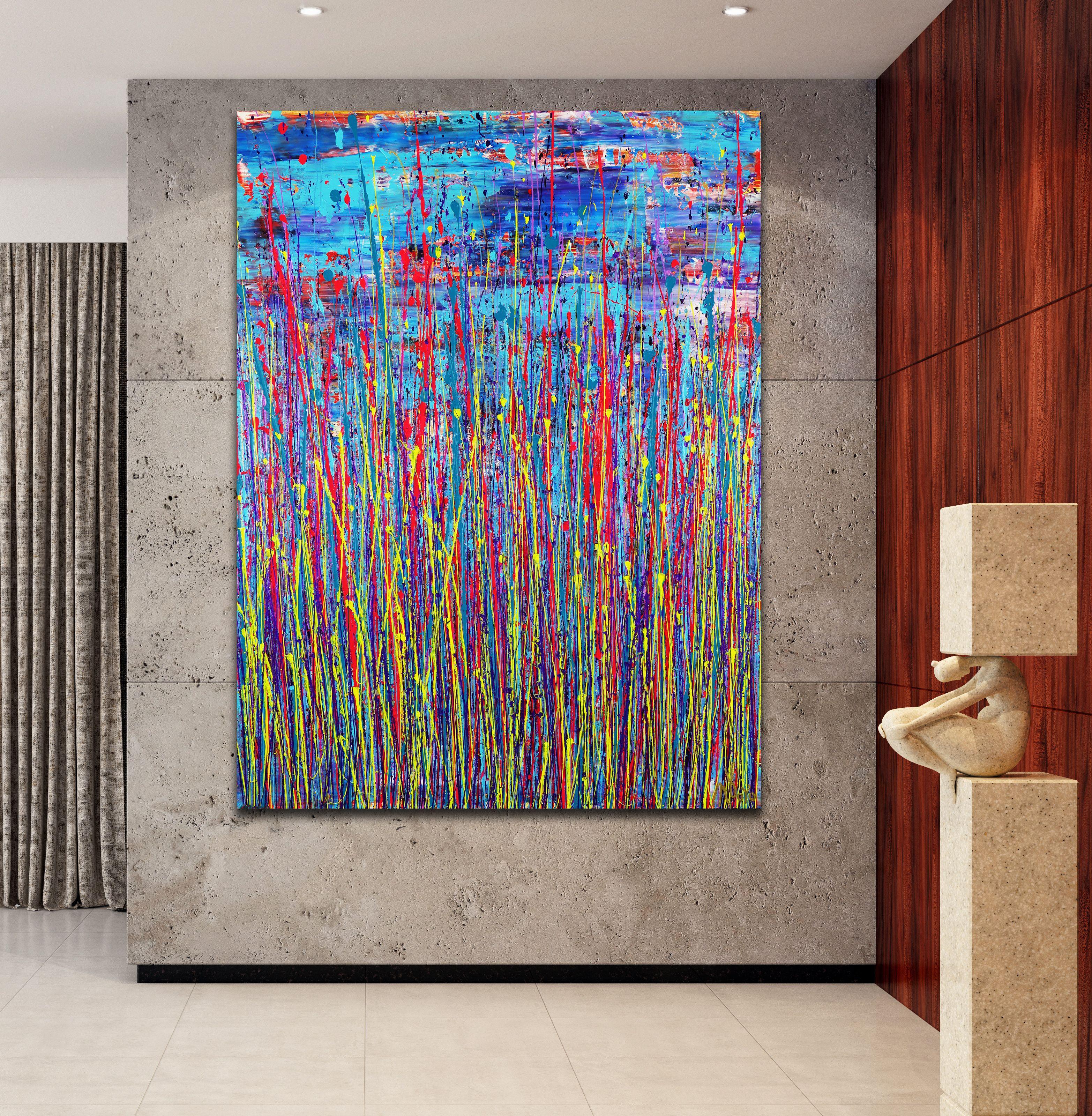 Expressive modern abstract, bold full of life, gloss and shimmer! inspired by nature, many shades combined with mica particles over shades of blue. Ready to hang and signed.    I include a certificate of authenticity that lists the materials as well
