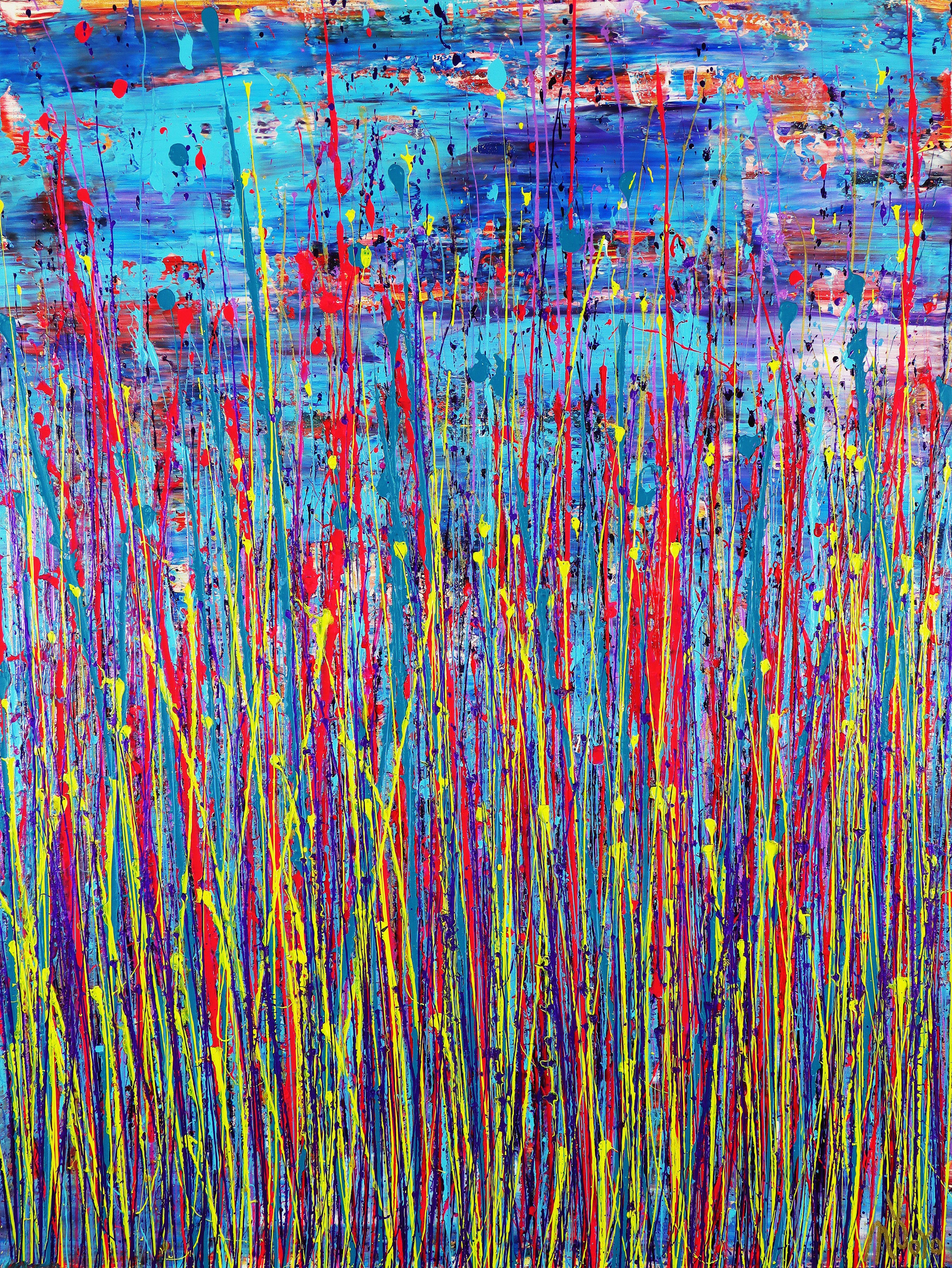 Nestor Toro Abstract Painting - Spring drizzles (over blue), Painting, Acrylic on Canvas