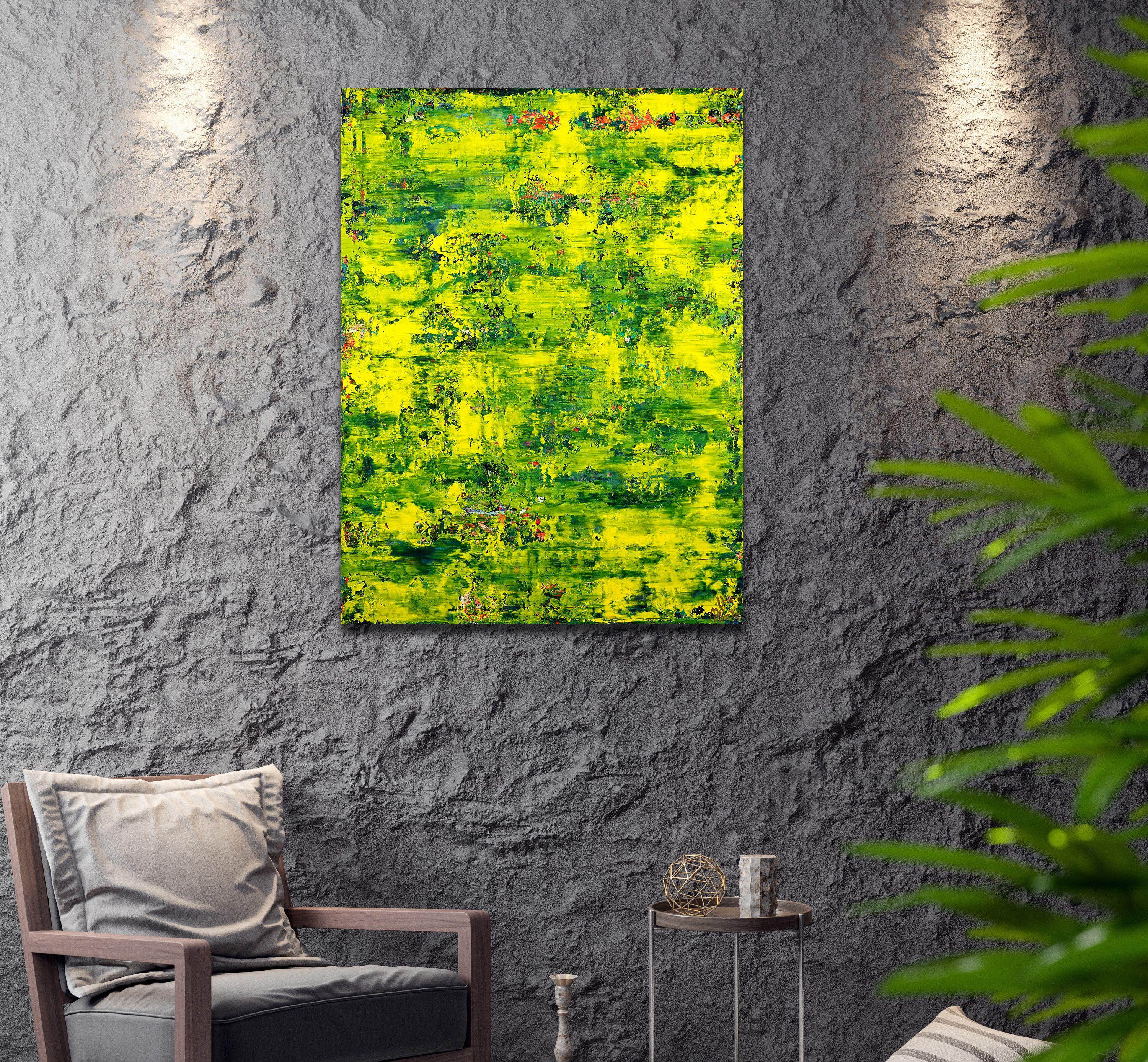 Abstract with vivid nature inspired colors, shades of green, yellow, turquoise, teal, orange and clear white with gloss finish. Created using palette knifes and fine paint layers. Signed in front. Ready to hang    I include a certificate of