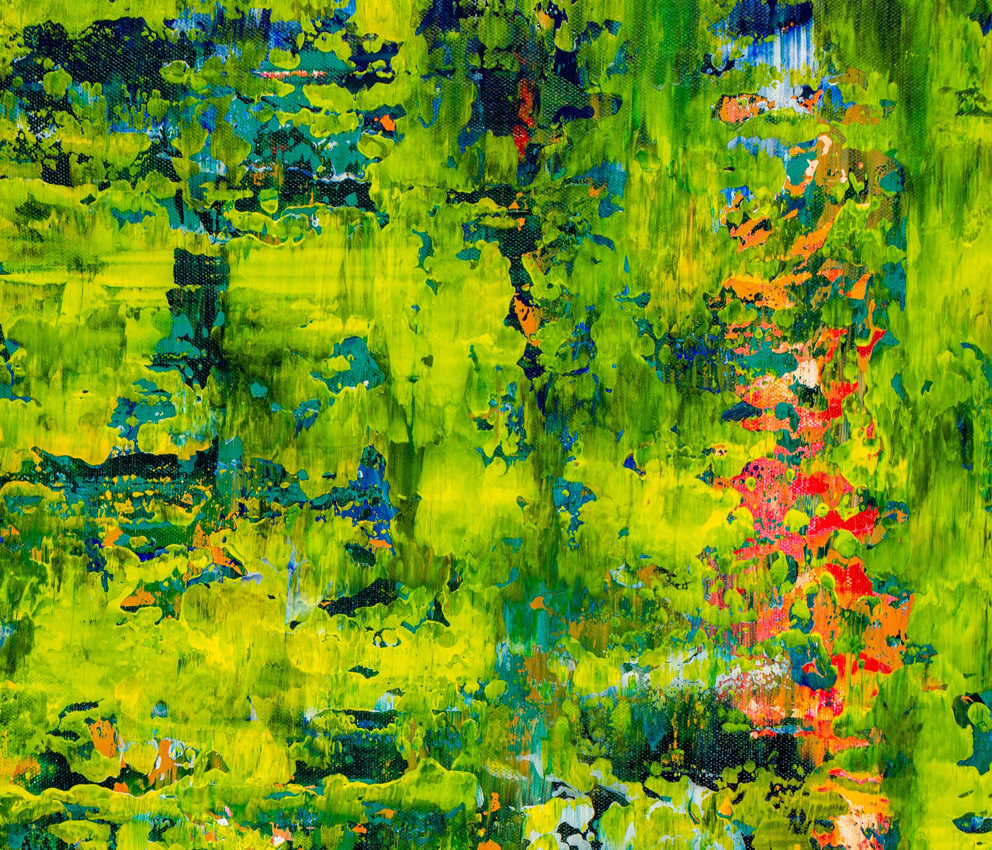 Pittura: Acrilico su tela.    Astratto con colori vivaci ispirati alla natura, sfumature di verde, giallo ocra, turchese, verde acqua, arancione e bianco chiaro con finitura lucida. Creati utilizzando spatole e strati di vernice fine. Firmato