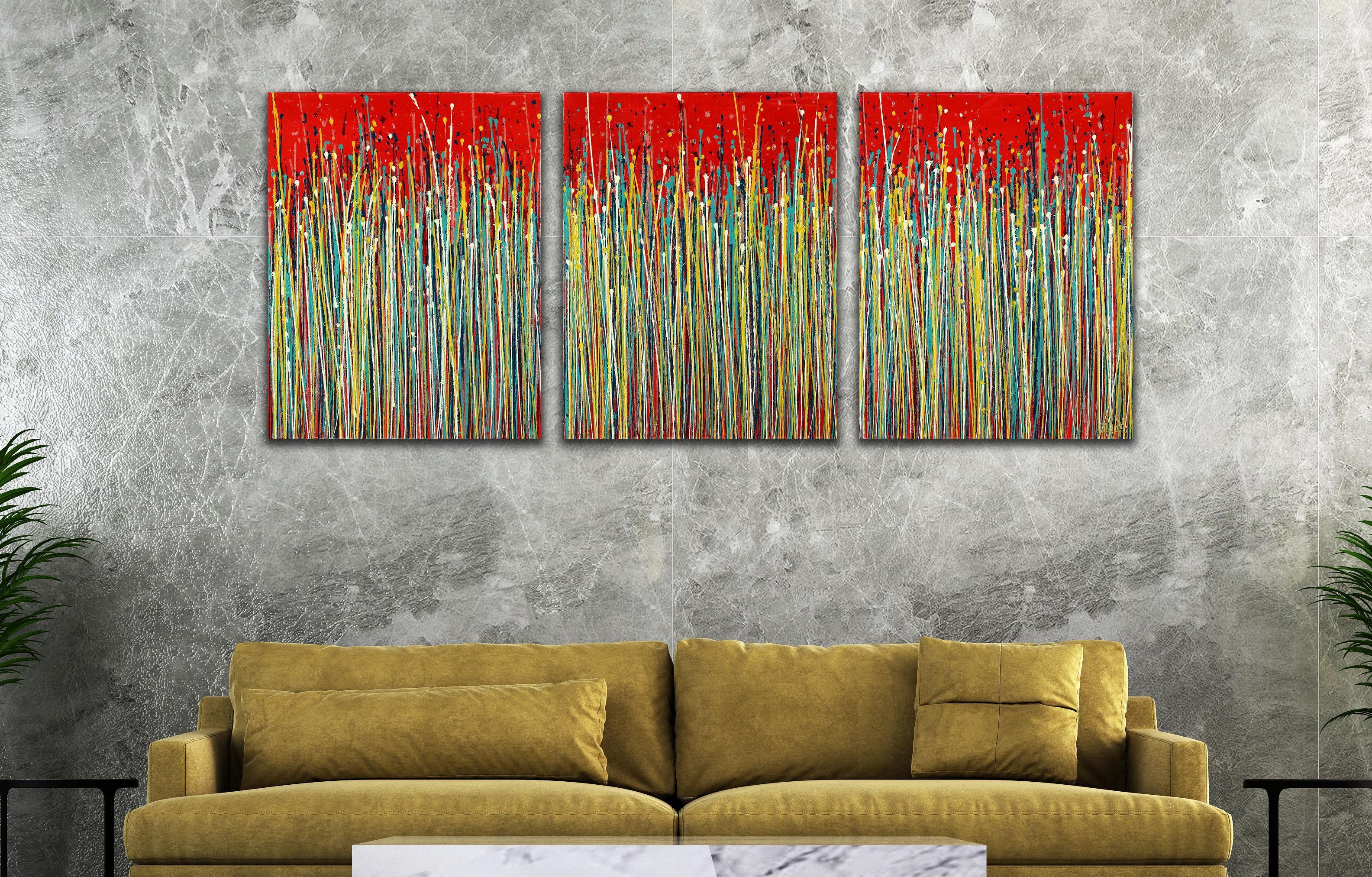 Triptychon - Drei Leinwände, jeweils 24 B x 30 H x 0,7 cm.    Ausdrucksstarke moderne Abstraktion, kühn und voller Leben, Glanz und Schimmer! Inspiriert von der Natur, viele helle Töne kombiniert mit Glimmerpartikeln und schillerndem Nieselregen