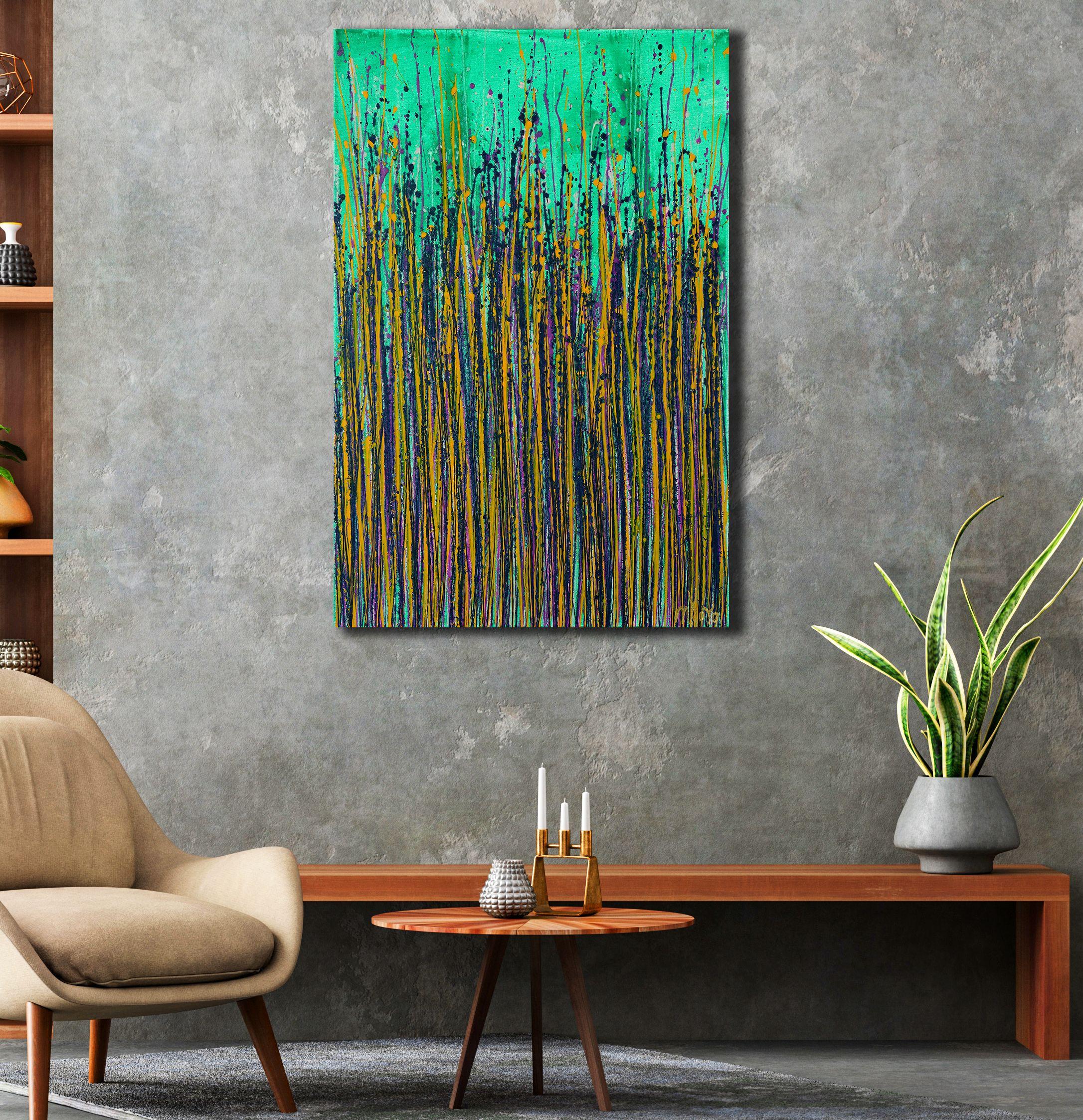 Bold Statement Work!    Expressive modern abstract, bold full of life, gloss and shimmer! inspired by nature, many shades combined with mica particles and iridescent silver drizzles. Ready to hang and signed. No additional framing needed!    I