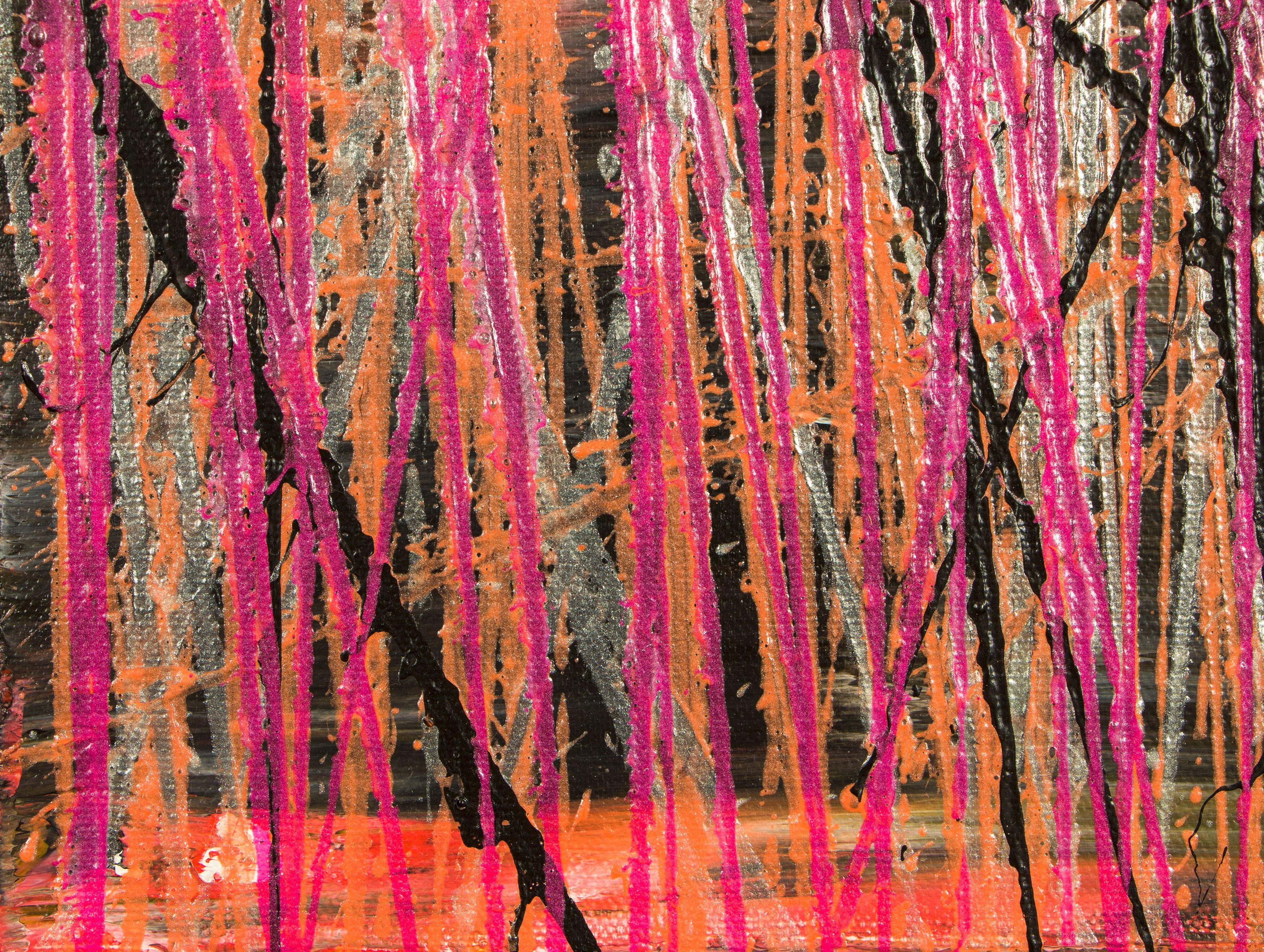 Painting: Acrylic on Canvas.    Expressive modern abstract, bold full of life, gloss and shimmer! inspired by nature. Shades of florescent pink, silver, and black. signed in front with silver ink.    I include a certificate of authenticity that