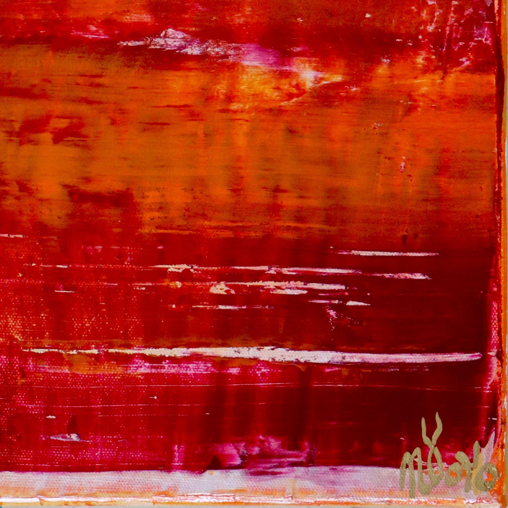 Kühnes kontemplatives Farbfeld mit Sommerfarben! Rot, Magenta, Orange mit irisierenden Silbereffekten. Dieses Gemälde wurde mit Spachteln angefertigt. Das Kunstwerk wird hängefertig und vorderseitig signiert geliefert.    Ich lege ein