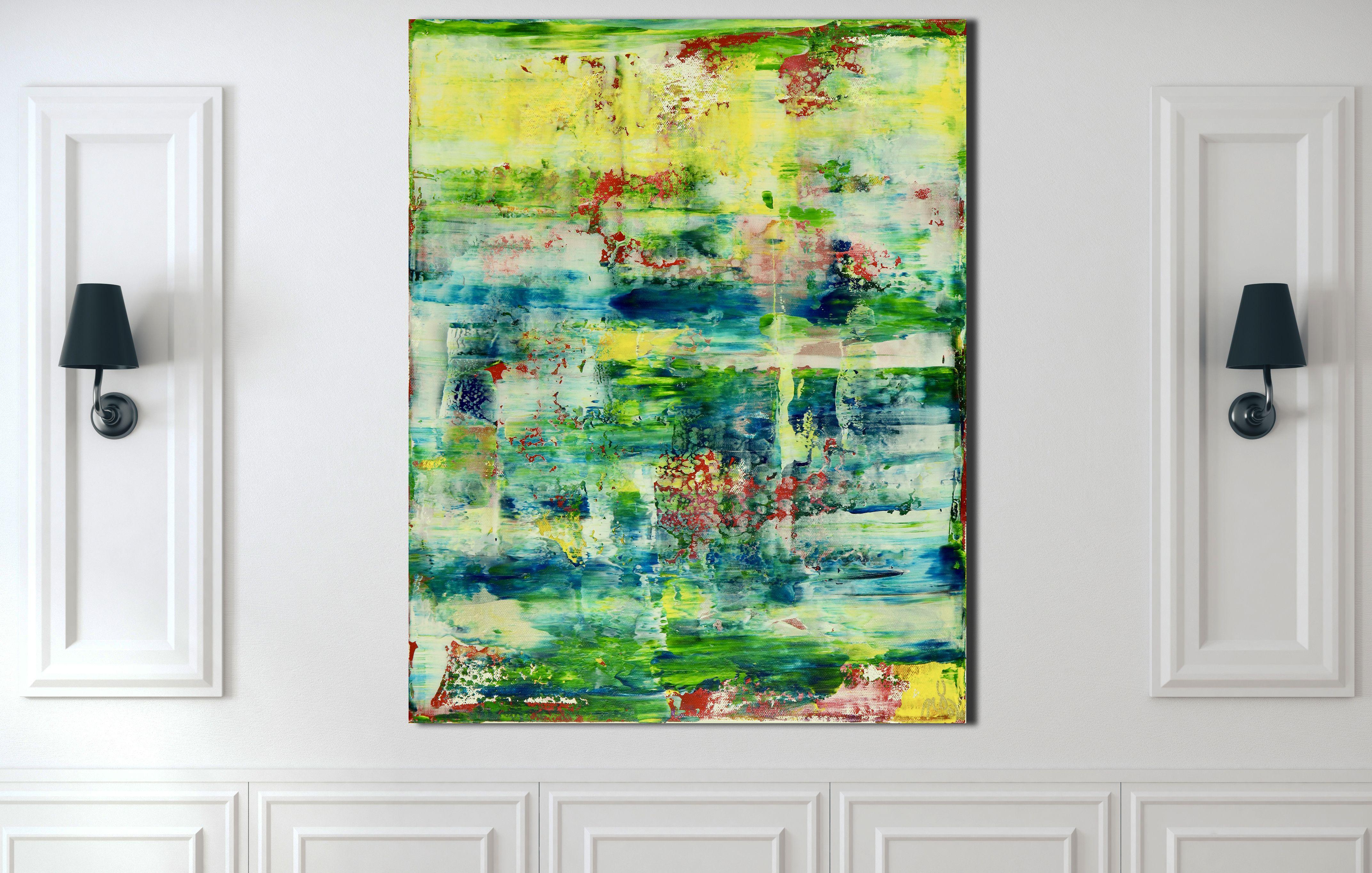 Bright abstract with vivid colors. Green, blue, orange, yellow, iridescent clear acrylic. Signed in front and ready to hang.    I include a certificate of authenticity that lists the materials as well as when the painting was completed. Fine high