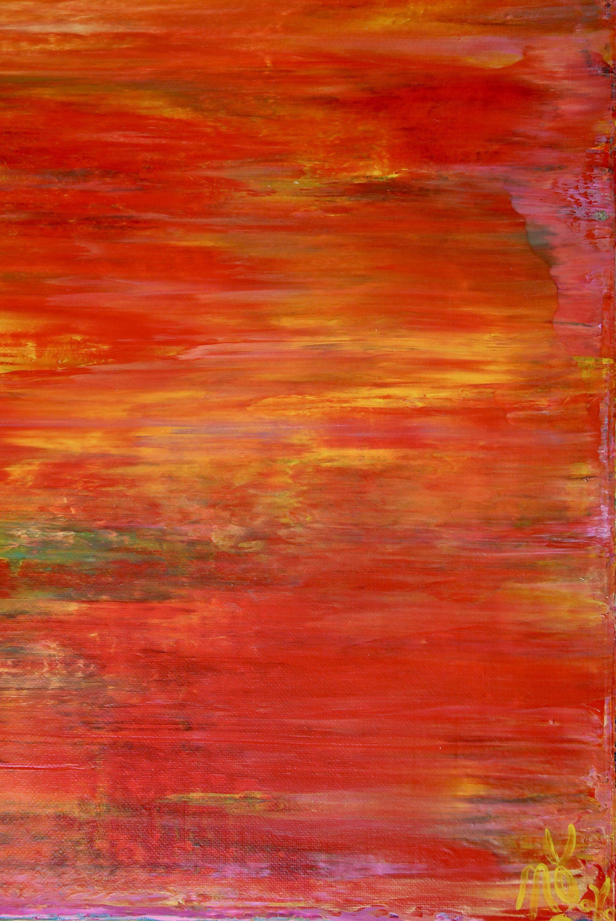 Textured with lots of color blending and layers of paint, red, orange, metallic undertones. This painting vibrant painting arrives mounted on a wooden frame ready to hang. Signed in front.    I include a certificate of authenticity that lists the
