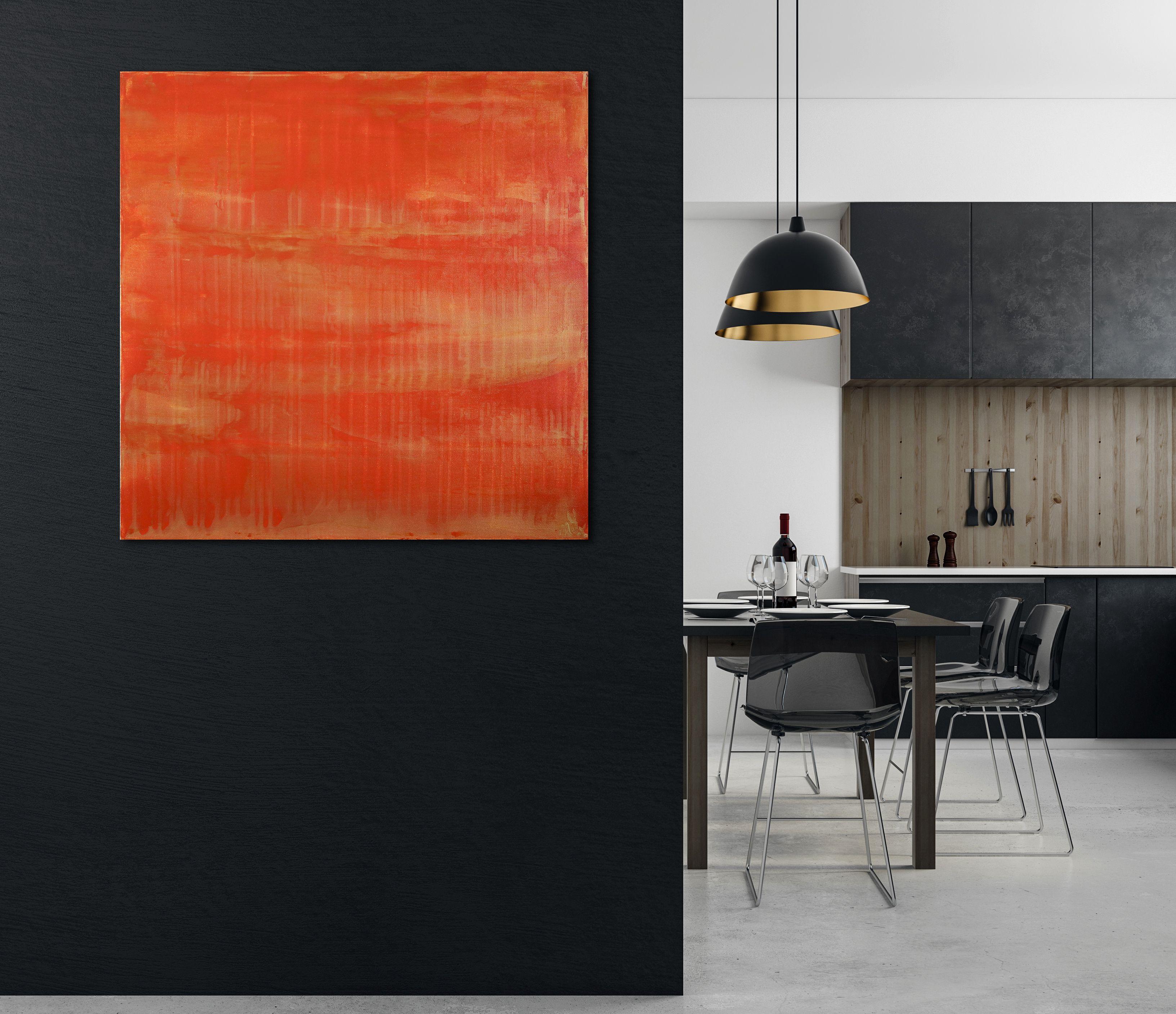 Bereit zum Aufhängen  Acryl auf Leinwand    Minimalistisches orangefarbenes abstraktes Bild mit Goldtropfen und Schichten von mehr Orange. Inspiriert von der Natur lebendigen Sonnenuntergang Farbfeld.    Das Gemälde wird in einem hängefertigen