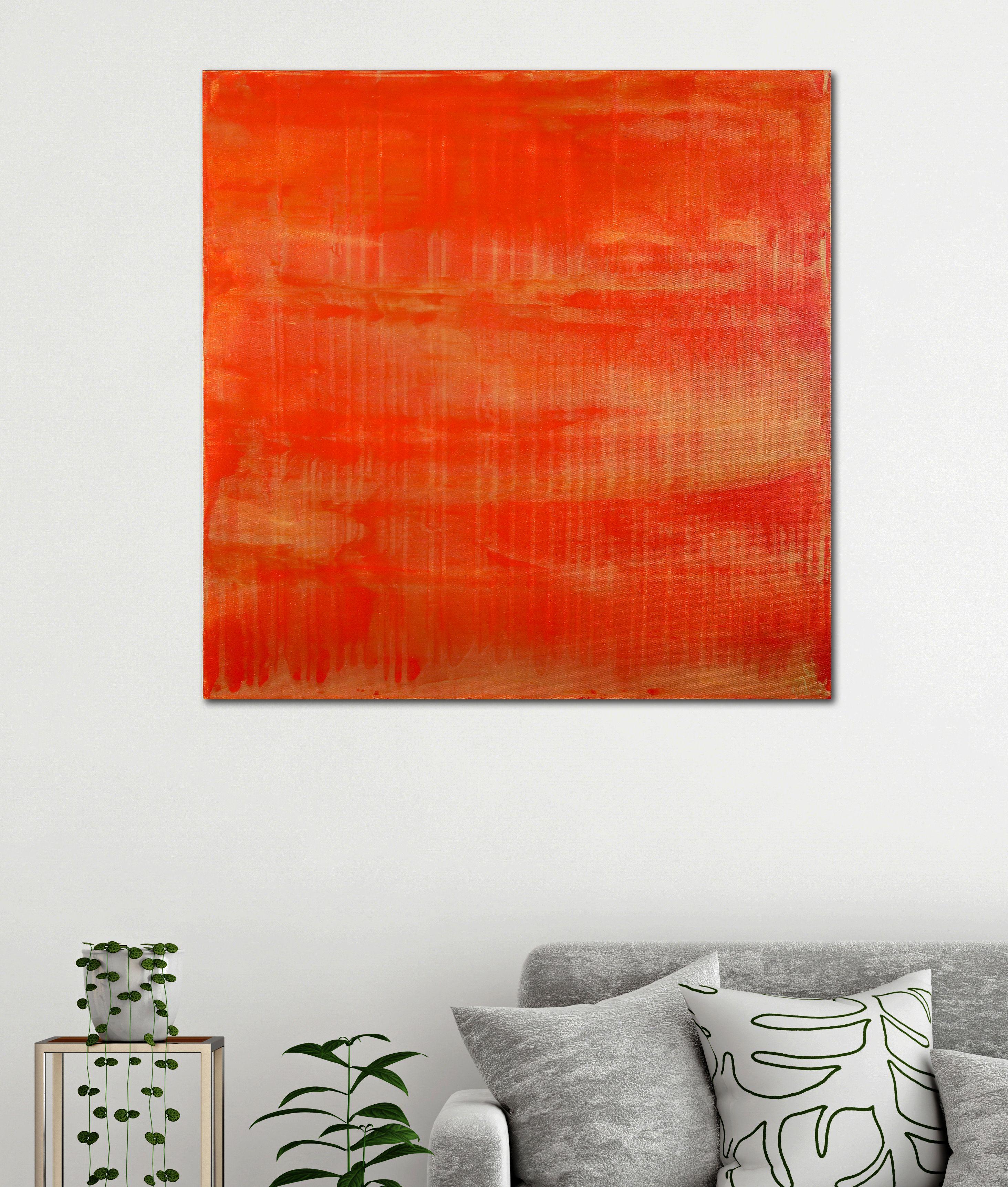 Prêt à être accroché  Acrylique sur toile    Abstrait minimaliste orange avec des gouttes d'or et des couches de plus d'orange. Inspiré par la nature, le champ de couleurs d'un vibrant coucher de soleil.    Ce tableau est livré monté dans un cadre