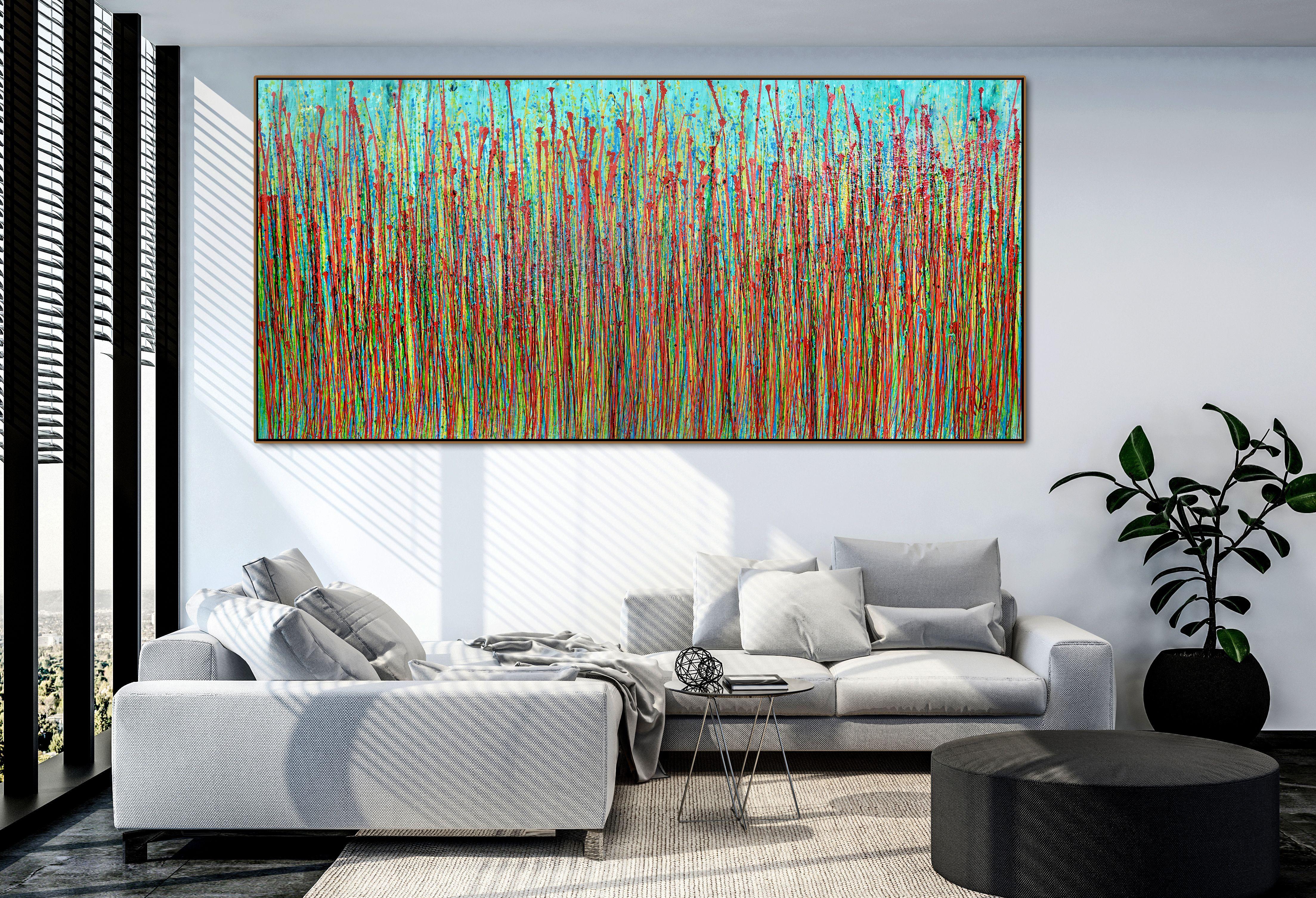 Textured bold abstract expressionistic painting, vibrant color palette, red, orange, green, yellow, pale green. This is a very glossy painting with intricate details and shimmer. Signed in front.    I include a certificate of authenticity that lists