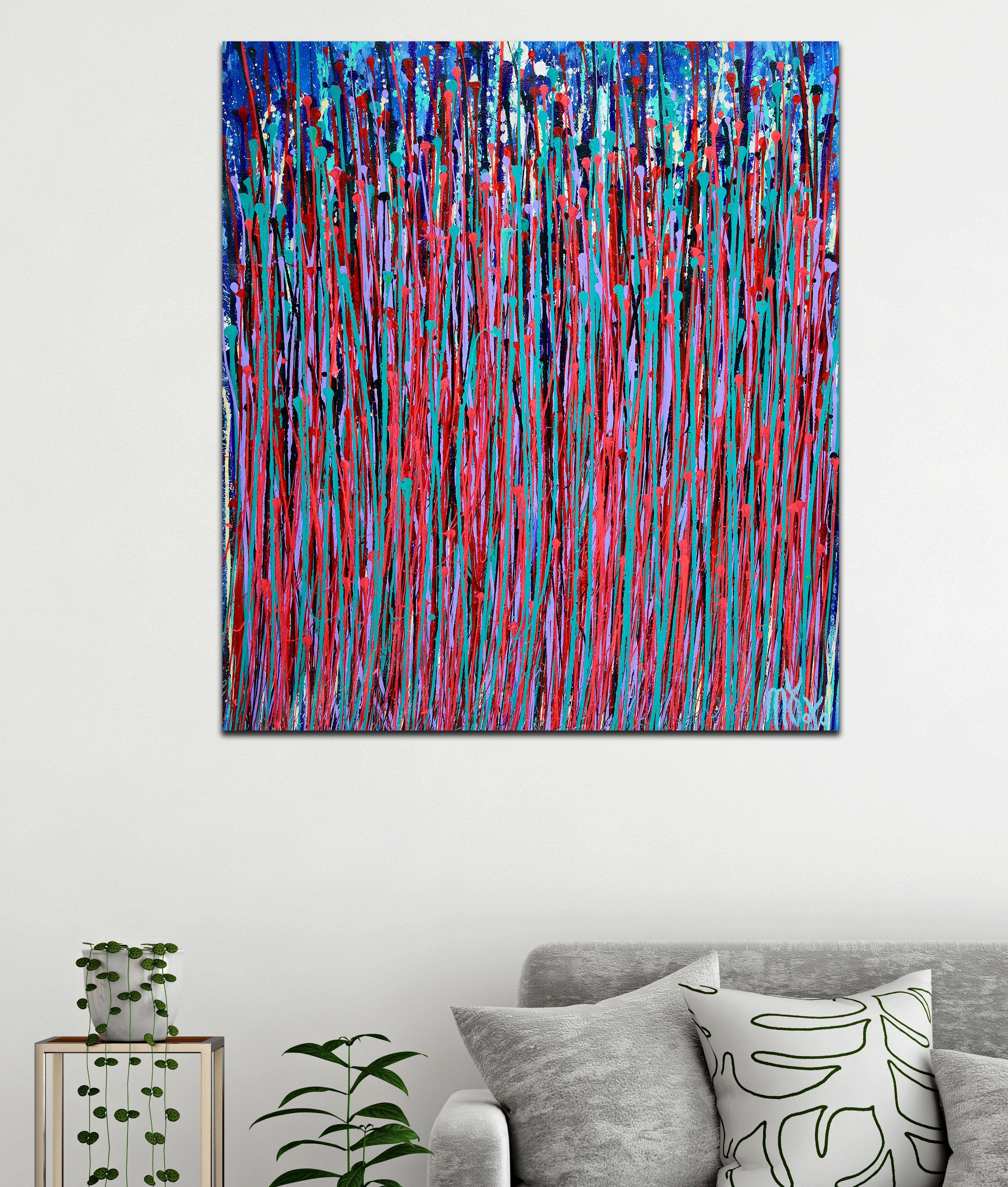 Acrylic on canvas    Vibrant inspired by nature abstract. blue and bright orange red, teal and purple paint strikes over deep navy blue background. This painting is ship in a secure double tube, signed in front. Unframed measurements are 30w x 33h  