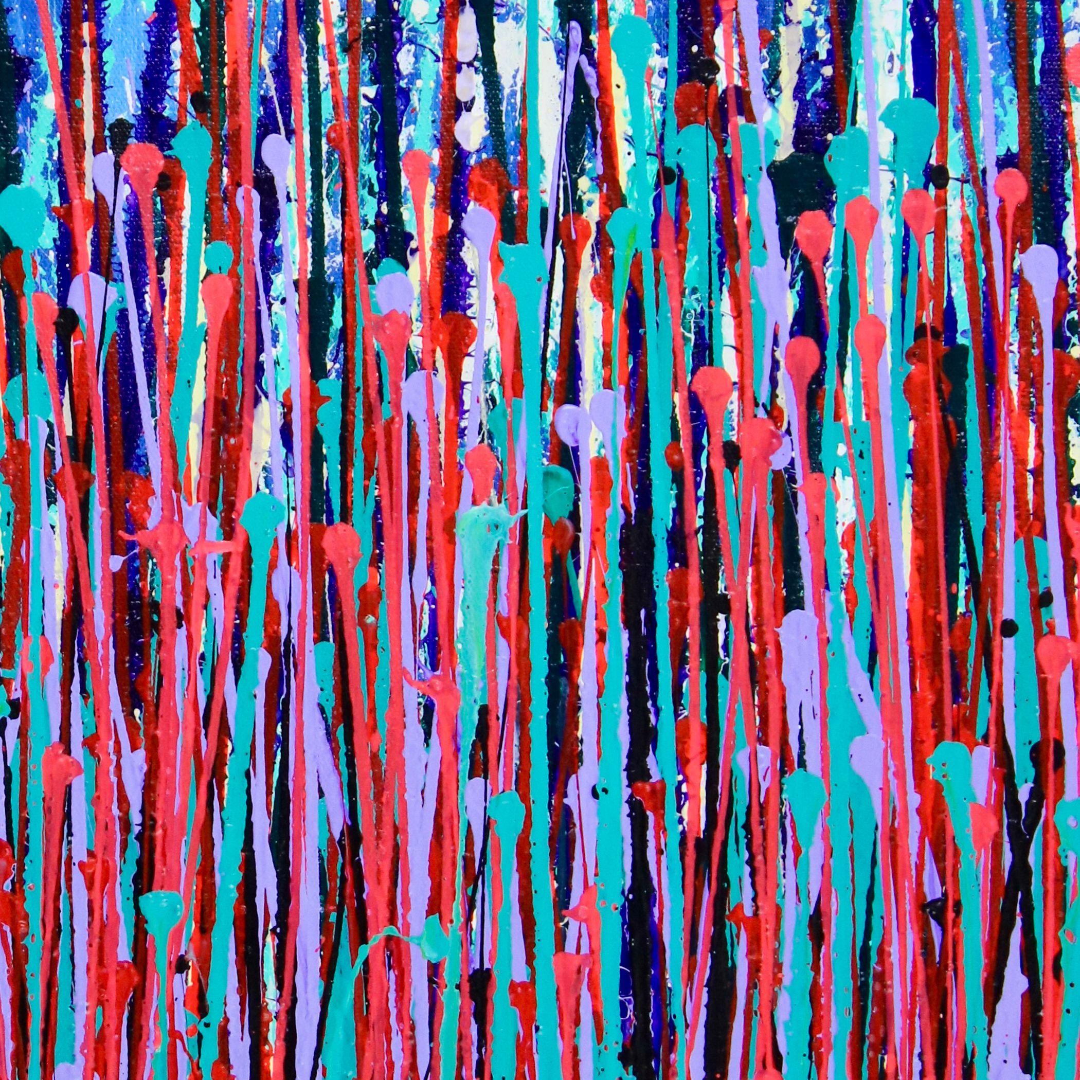 Acryl auf Leinwand    Vibrant inspiriert von der Natur abstrakt. blau und leuchtend orange rot, blaugrün und lila Farbe Streiks über tief marineblauem Hintergrund. Dieses Gemälde wird in einem sicheren Doppelrohr versandt und ist auf der Vorderseite