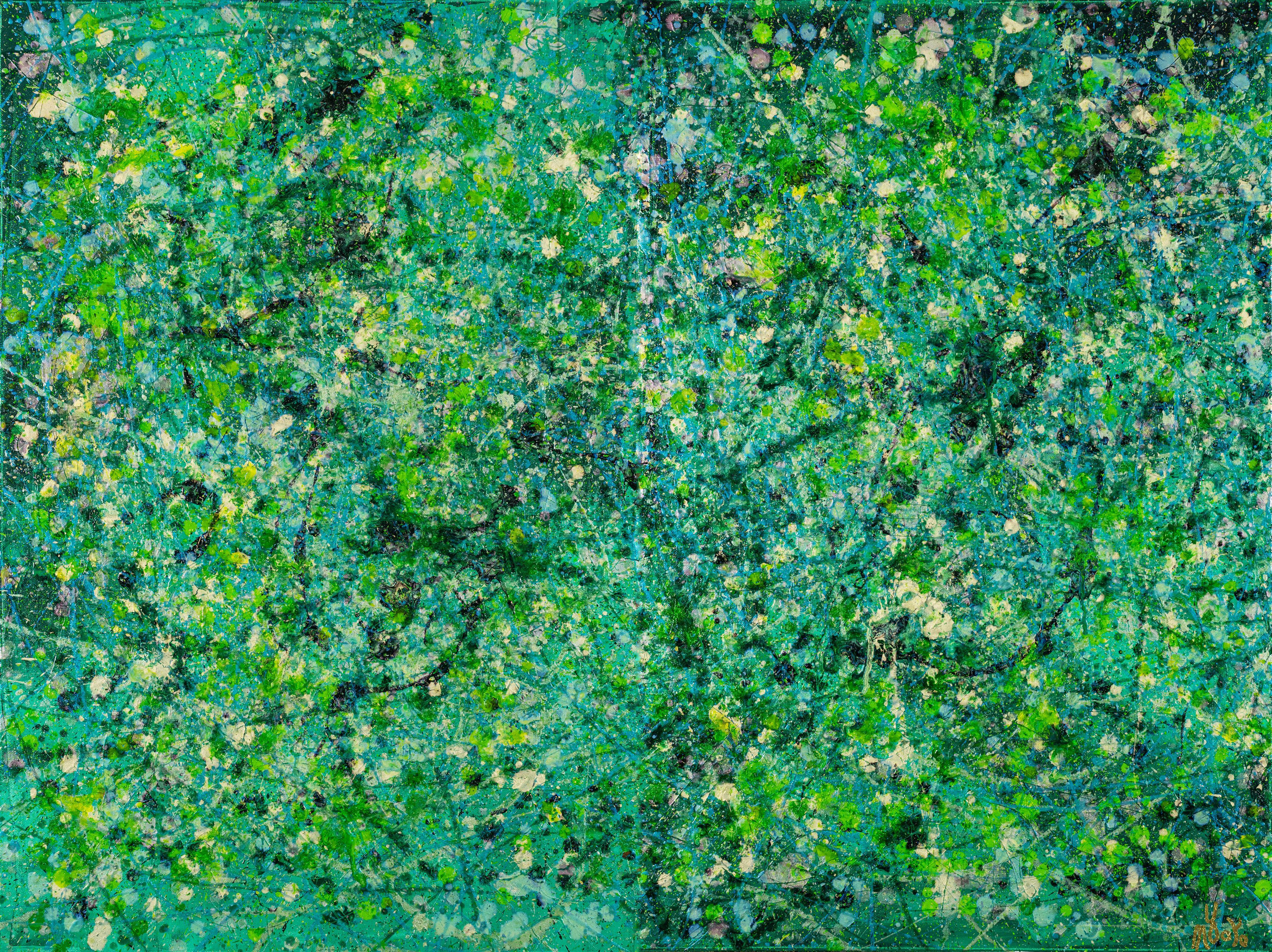 Multi canvas abstract    Expressionistic abstract painting with synchronized drizzles in shades of green, silver, yellow, pale iridescent orange over green background. Completed with gestural motion and energy. Signed on the front.    Two canvas 24W