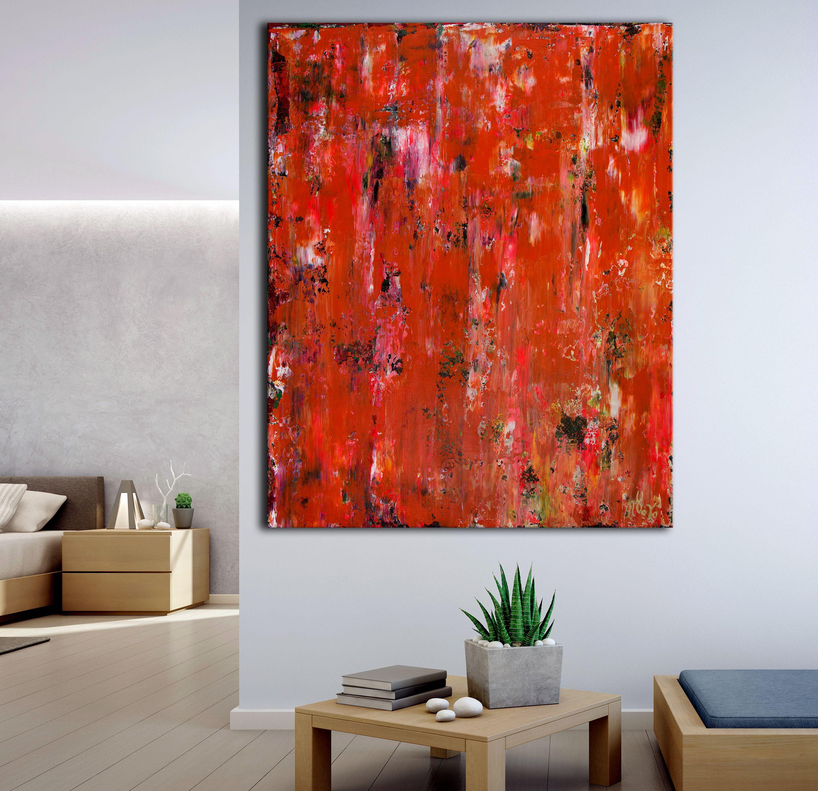 Bold contemplative color field with impasto shades of orange and florescent red reflection. This painting was completed using palette knifes. Artwork arrives rolled in a tube and signed in front.    I include a certificate of authenticity that lists