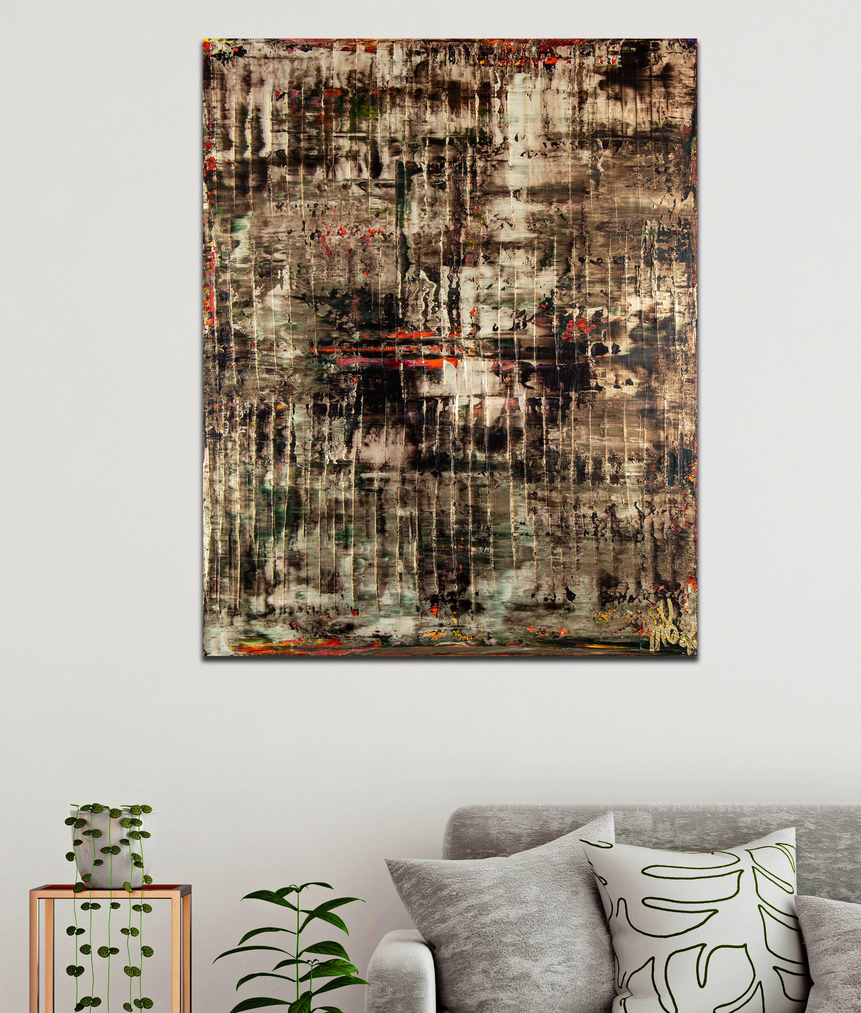Abstract minimalist color field with iridescent shades of green, gold and neon orange undertones, gloss finish. Created using palette knifes and fine textured layers. Signed in front. Ready to hang.    I include a certificate of authenticity that