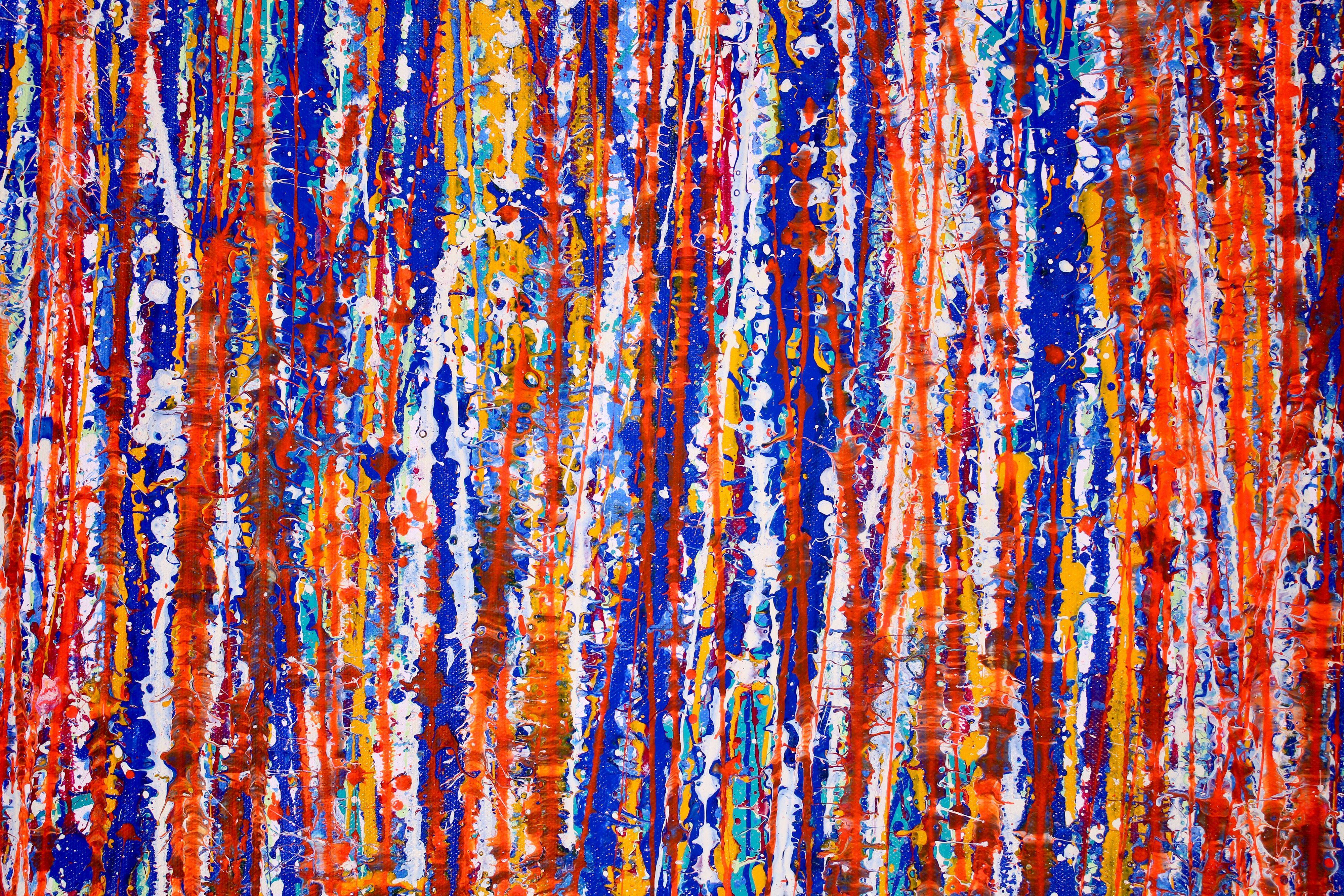 ISPIRATO DAI VIAGGI! UN ABSTRACT D'IMPATTO.    Opera astratta espressionista allungata molto gestuale con colori vivaci. Sfumature di blu, verde acqua, giallo, verde chiaro e un audace arancione brillante per completare l'azione!!! Questo quadro è