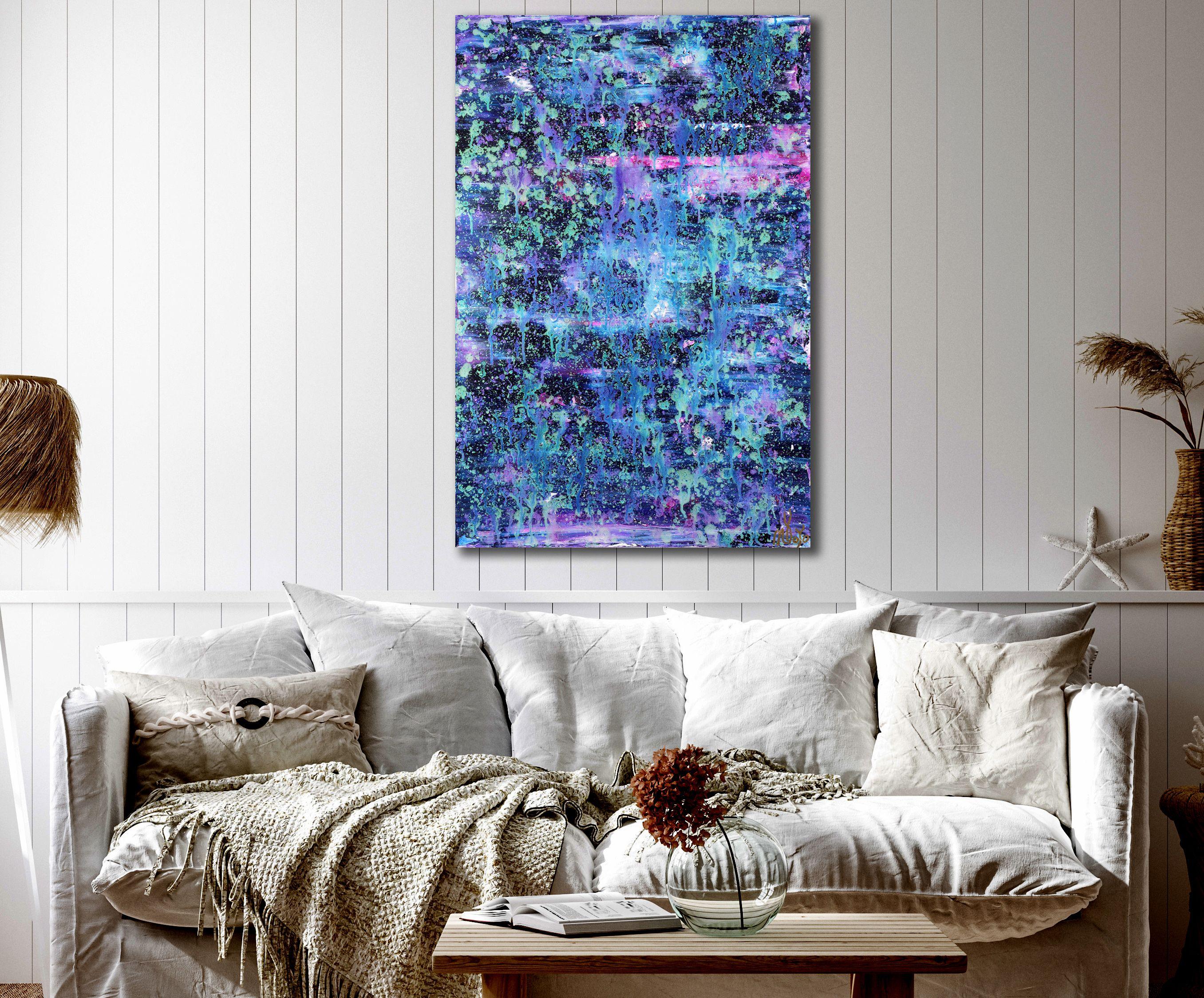 Inspired by nature and rainy landscapes with reflective paint for contrast and details. Textured with layers of blue and iridescent purple and brightness! Inspired by colors of nature with subtle greens and intricate details (see close-ups). This