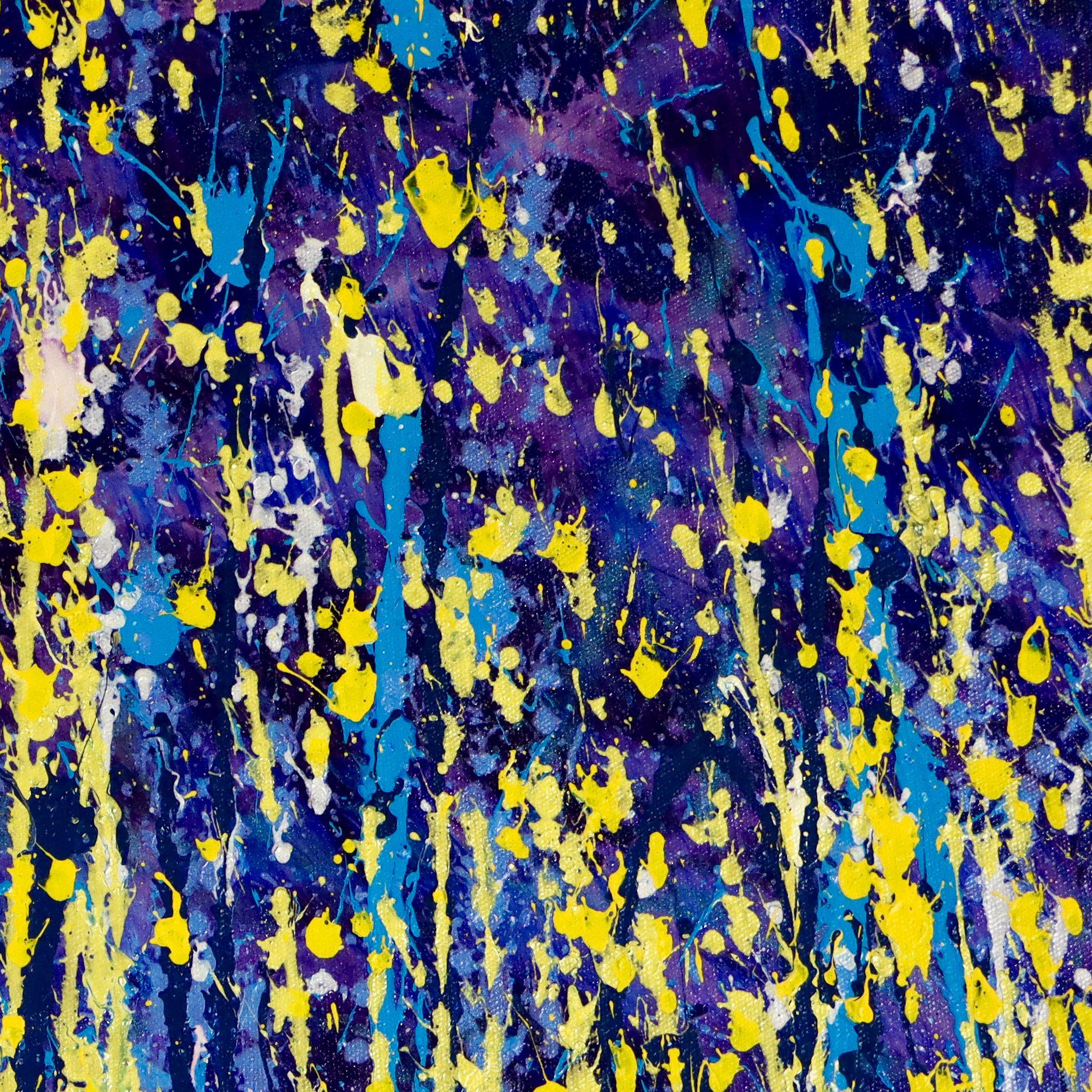 Vibrant expressionistic Inspired by nature abstract dark blue background with burst of many shades of yellow, gold, clear paint and subtle iridescent purple drizzles. This artwork arrives in a tube, signed in front.    I include a certificate of