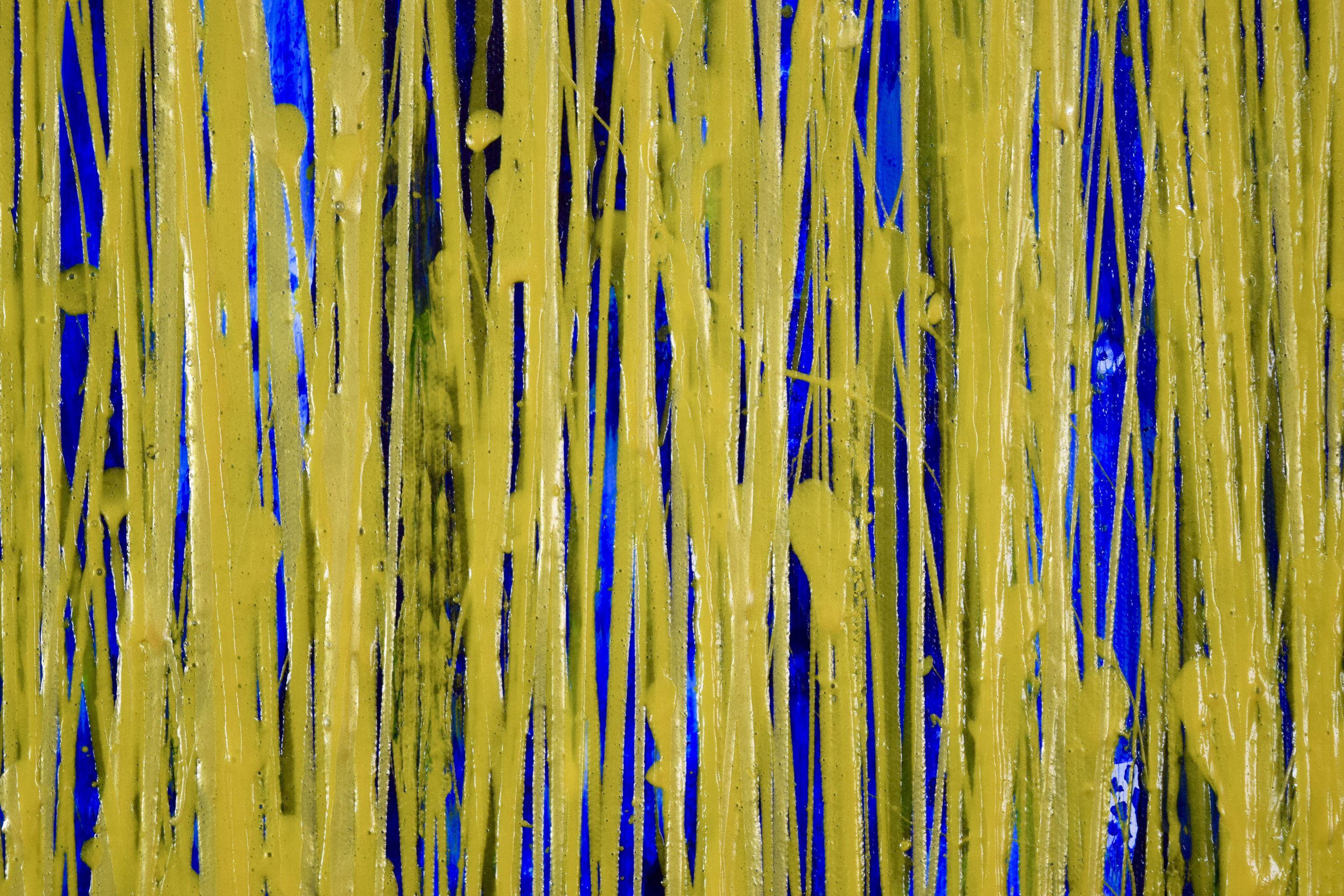 Oversized abstract painting  Acrylic on canvas    Impactful oversized abstract artwork. Bright, iridescent lots of light and lots of gold! action painting. Dark Blue background golden yellow drizzles and lots of reflection. This is truly a statement